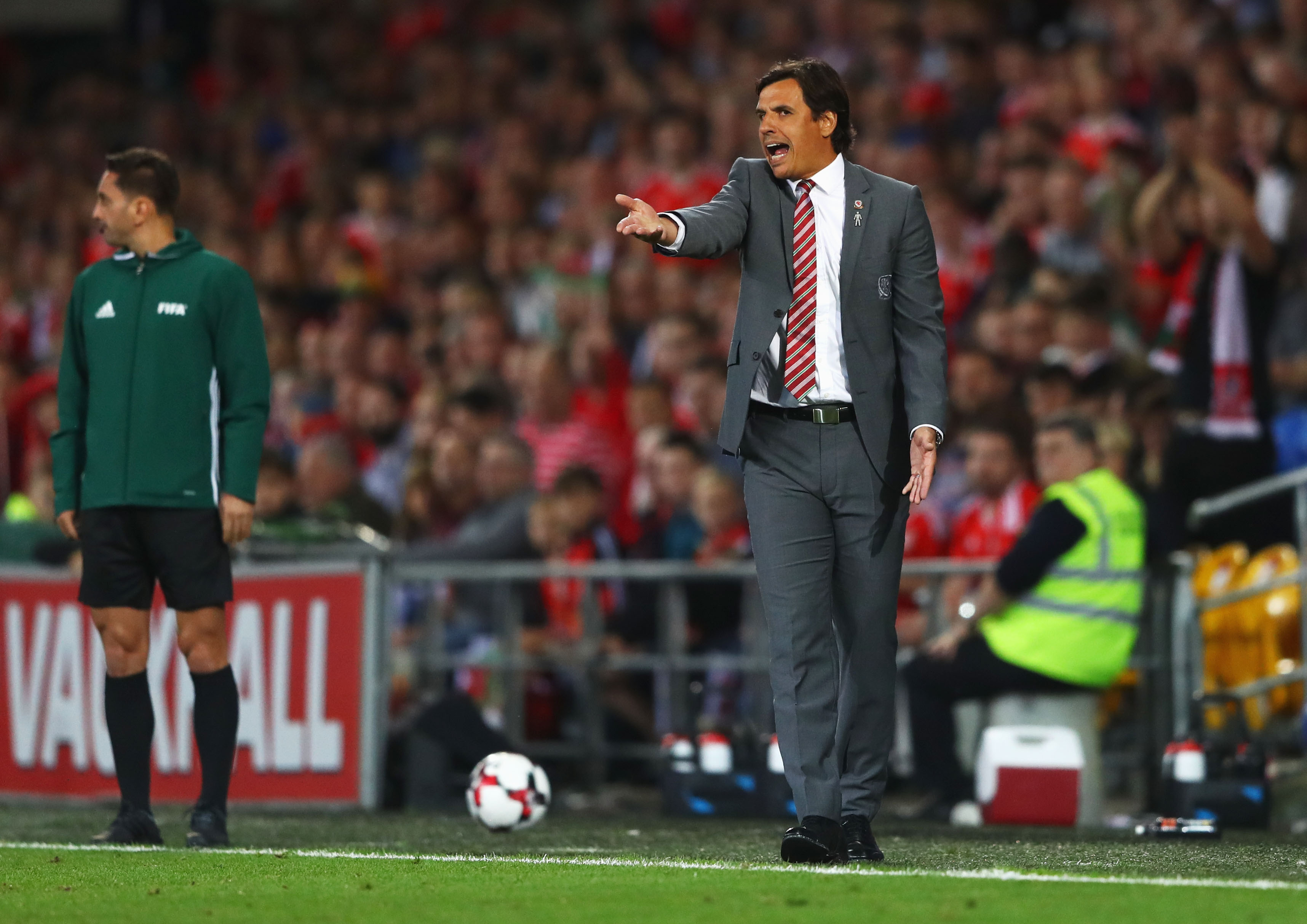 CARDIFF, WALES - SEPTEMBER 02:  Chris Coleman manager of Wales reacts on the touchline during the FIFA 2018 World Cup Qualifier between Wales and Austria at Cardiff City Stadium on September 2, 2017 in Cardiff, Wales.  (Photo by Michael Steele/Getty Images)