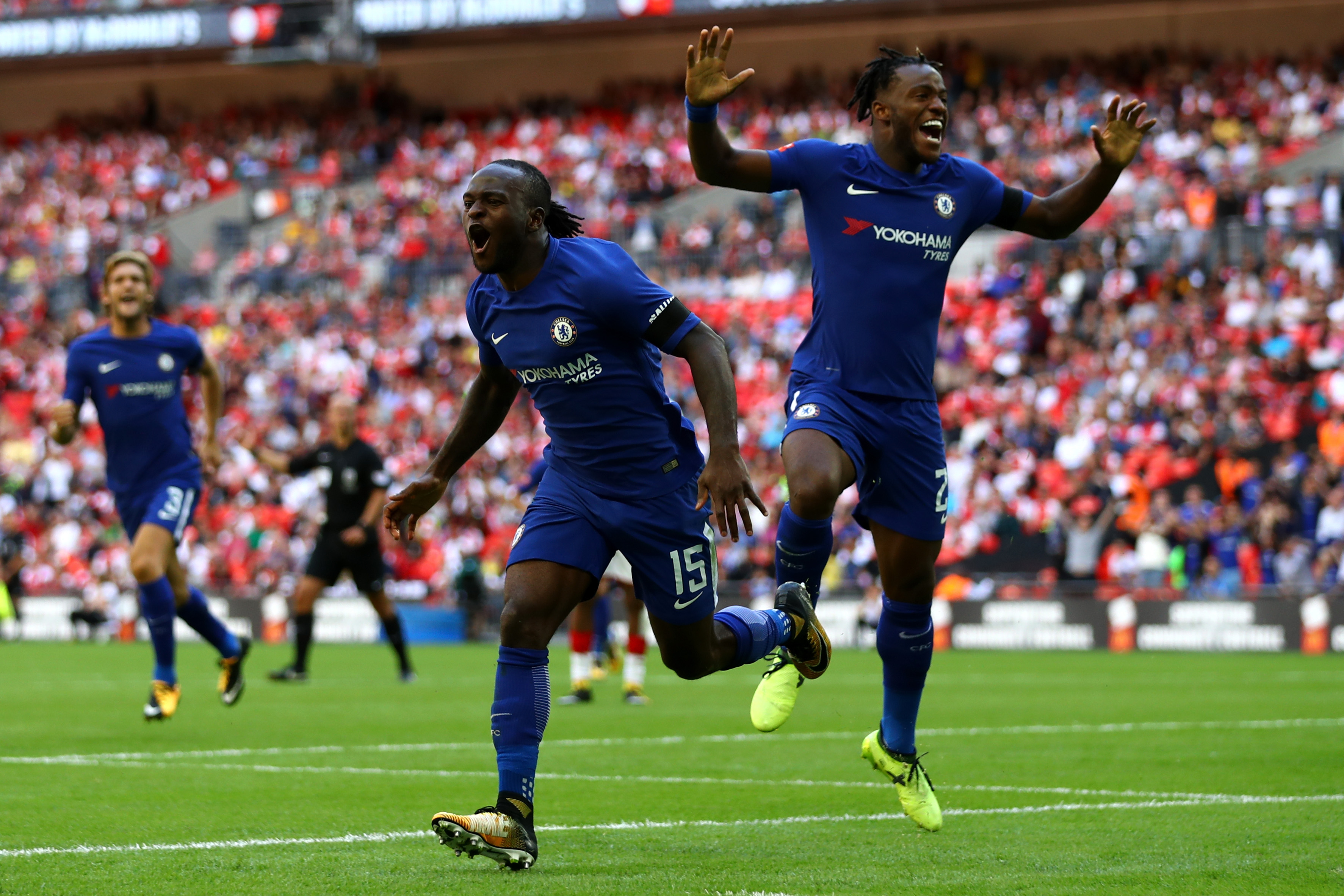 LONDON, ENGLAND - AUGUST 06:  Victor Moses of Chelsea celebrates scoring his sides first goal with Michy Batshuayi of Chelsea during the The FA Community Shield final between Chelsea and Arsenal at Wembley Stadium on August 6, 2017 in London, England.  (Photo by Dan Istitene/Getty Images)