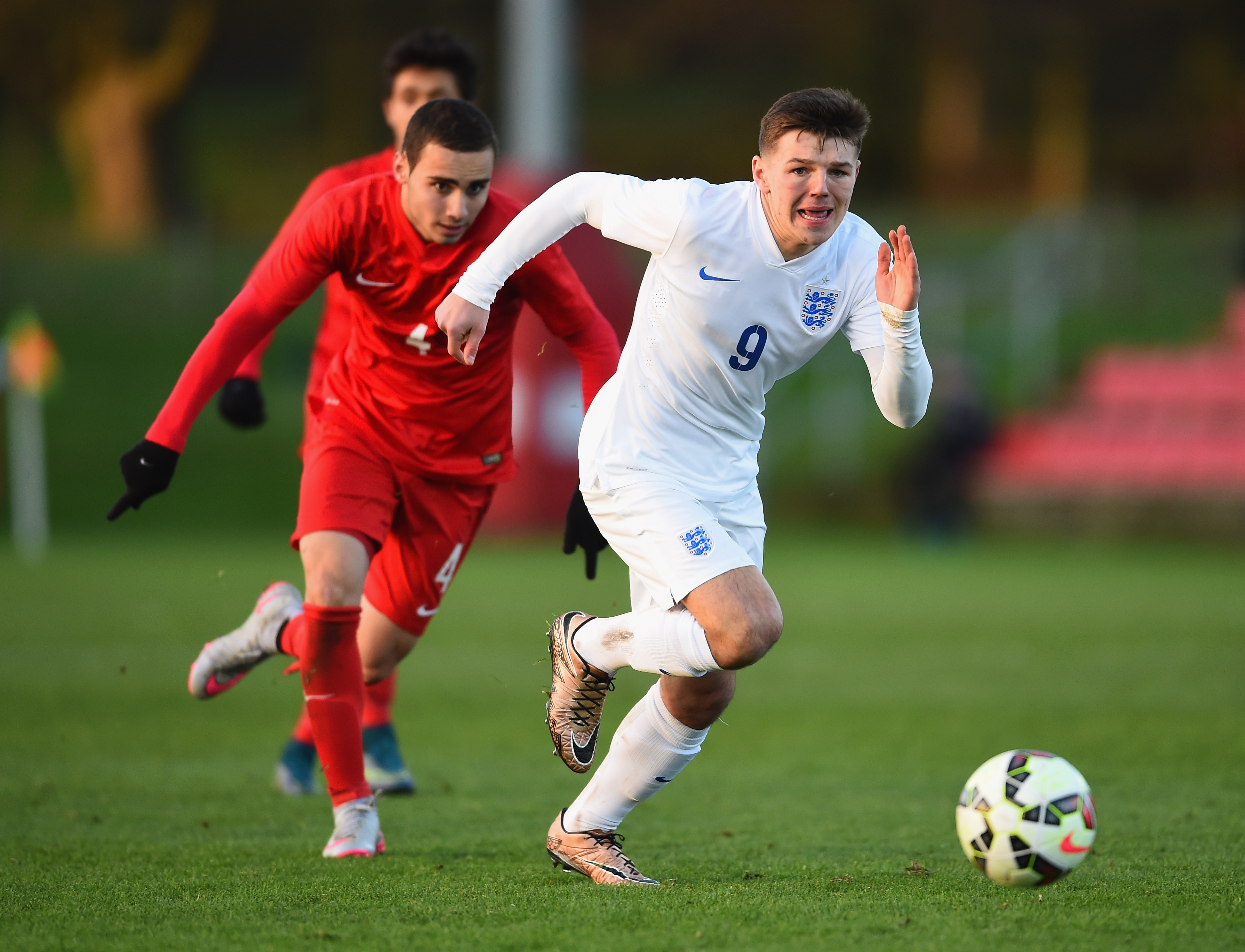 BURTON-UPON-TRENT, ENGLAND - DECEMBER 21:  Bobby Duncan of England in action during the International Friendly match between England U15 and Turkey U15 at St George's Park on December 21, 2015 in Burton-upon-Trent, England.  (Photo by Laurence Griffiths/Getty Images)