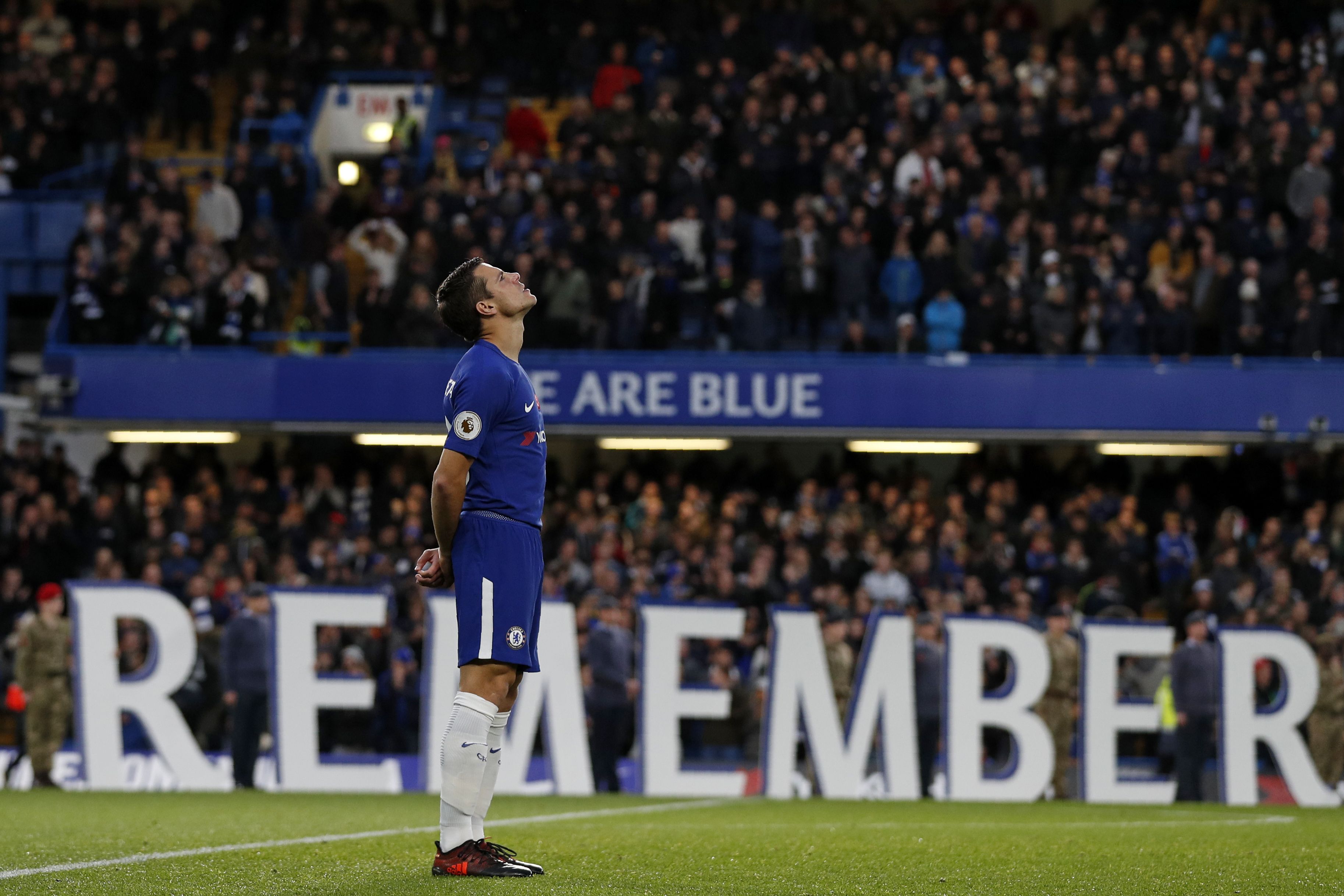 Chelsea's Spanish defender Cesar Azpilicueta reacts ahead of the English Premier League football match between Chelsea and Manchester United at Stamford Bridge in London on November 5, 2017. / AFP PHOTO / Adrian DENNIS / RESTRICTED TO EDITORIAL USE. No use with unauthorized audio, video, data, fixture lists, club/league logos or 'live' services. Online in-match use limited to 75 images, no video emulation. No use in betting, games or single club/league/player publications.  /         (Photo credit should read ADRIAN DENNIS/AFP/Getty Images)