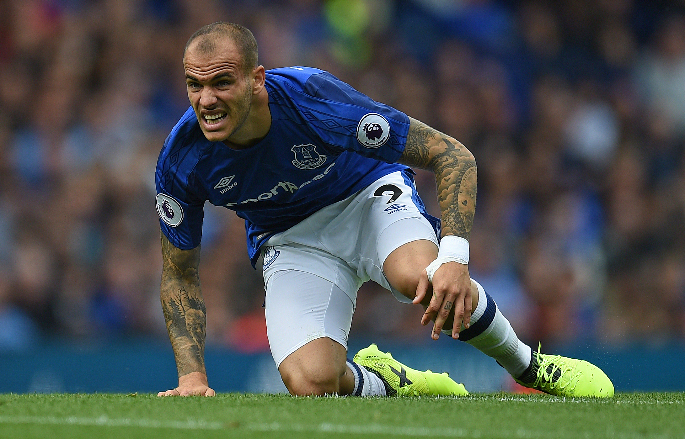 Everton's Spanish striker Sandro Ramirez reacts during the English Premier League football match between Everton and Stoke City at Goodison Park in Liverpool, north west England on August 12, 2017. / AFP PHOTO / Oli SCARFF / RESTRICTED TO EDITORIAL USE. No use with unauthorized audio, video, data, fixture lists, club/league logos or 'live' services. Online in-match use limited to 75 images, no video emulation. No use in betting, games or single club/league/player publications.  /         (Photo credit should read OLI SCARFF/AFP/Getty Images)