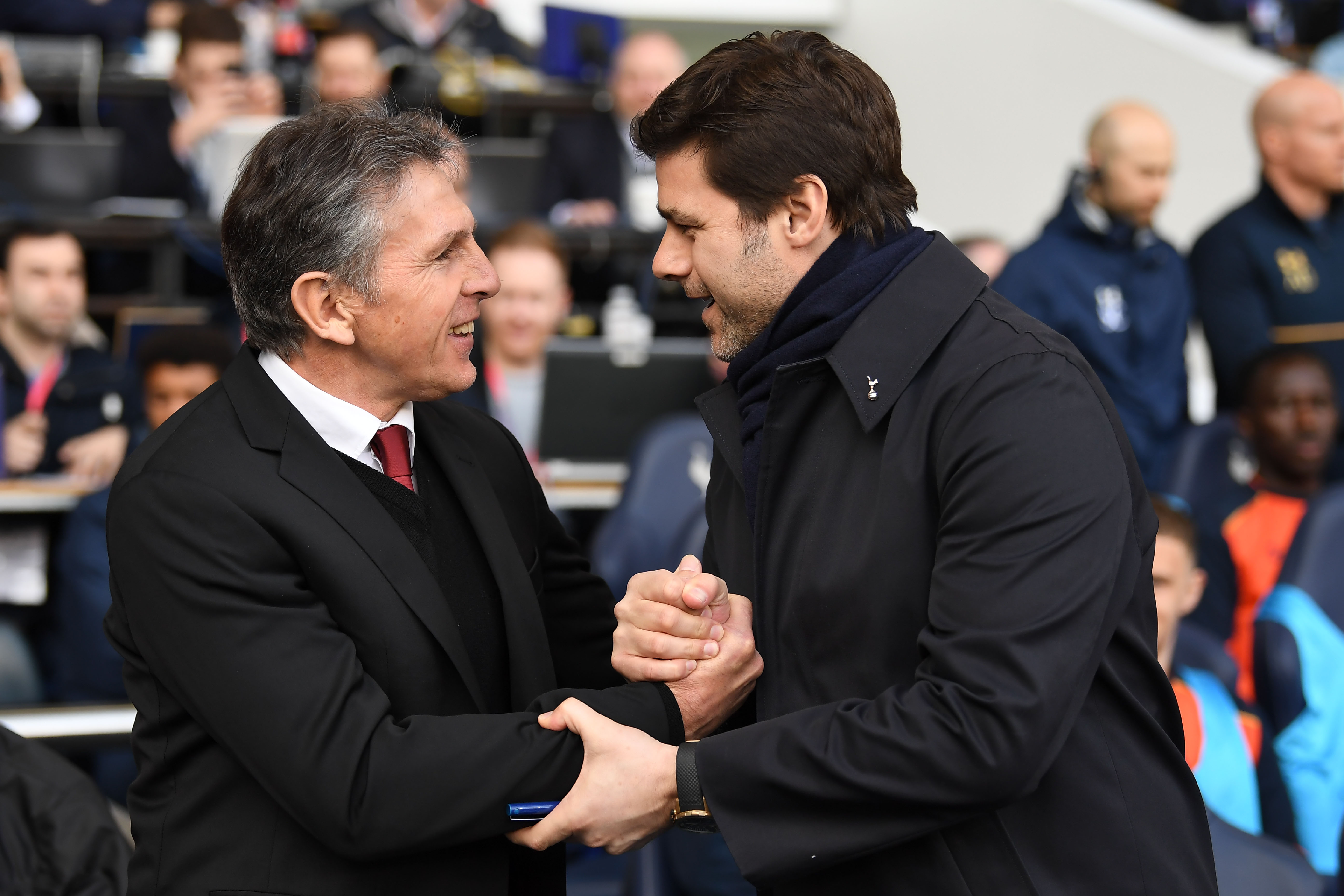 Southampton's French manager Claude Puel (L) greets Tottenham Hotspur's Argentinian head coach Mauricio Pochettino before the English Premier League football match between Tottenham Hotspur and Southampton at White Hart Lane in London, on March 19, 2017. / AFP PHOTO / Justin TALLIS / RESTRICTED TO EDITORIAL USE. No use with unauthorized audio, video, data, fixture lists, club/league logos or 'live' services. Online in-match use limited to 75 images, no video emulation. No use in betting, games or single club/league/player publications.  /         (Photo credit should read JUSTIN TALLIS/AFP/Getty Images)