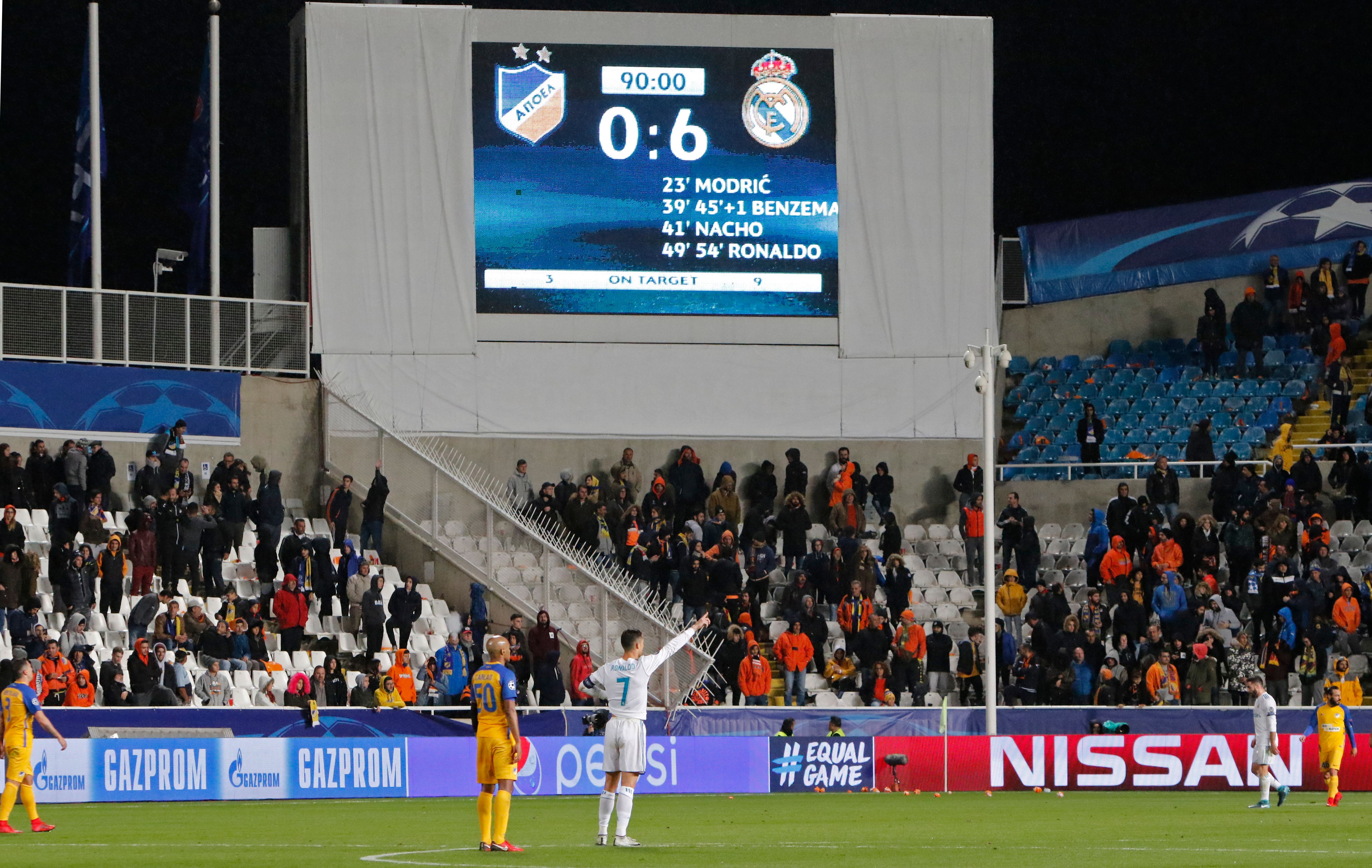 The scoreboard displays the 0-6 score during the UEFA Champions League Group H match between Apoel FC and Real Madrid on November 21, 2017, in the Cypriot capital Nicosia's GSP Stadium.  / AFP PHOTO / Florian CHOBLET        (Photo credit should read FLORIAN CHOBLET/AFP/Getty Images)