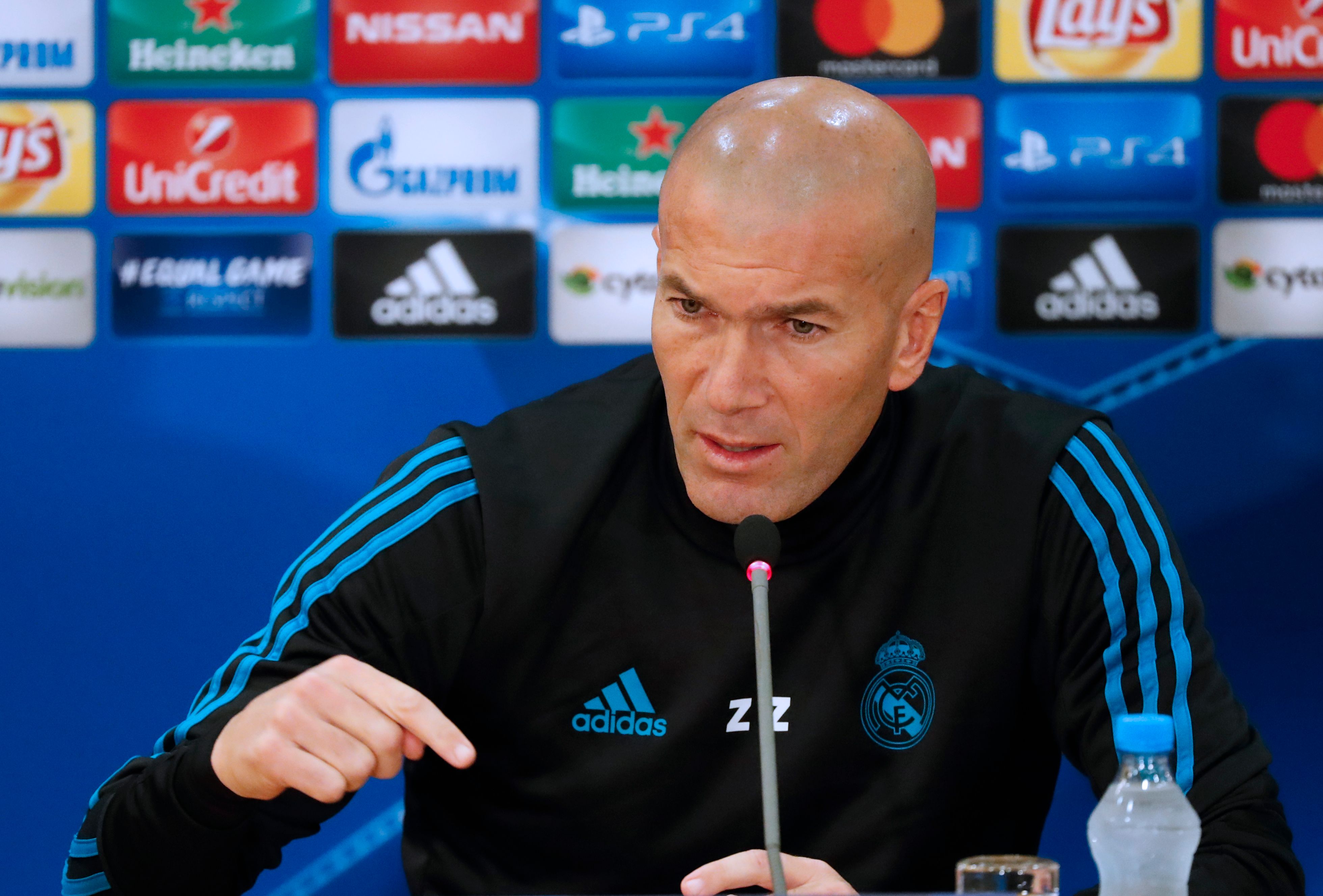 Real Madrid's French coach Zinedine Zidane attends a press conference in the Cypriot capital Nicosia's GSP Stadium on the eve of the UEFA Champions League football match APOEL FC against Real Madrid, on November 20, 2017.  / AFP PHOTO / Jack GUEZ        (Photo credit should read JACK GUEZ/AFP/Getty Images)