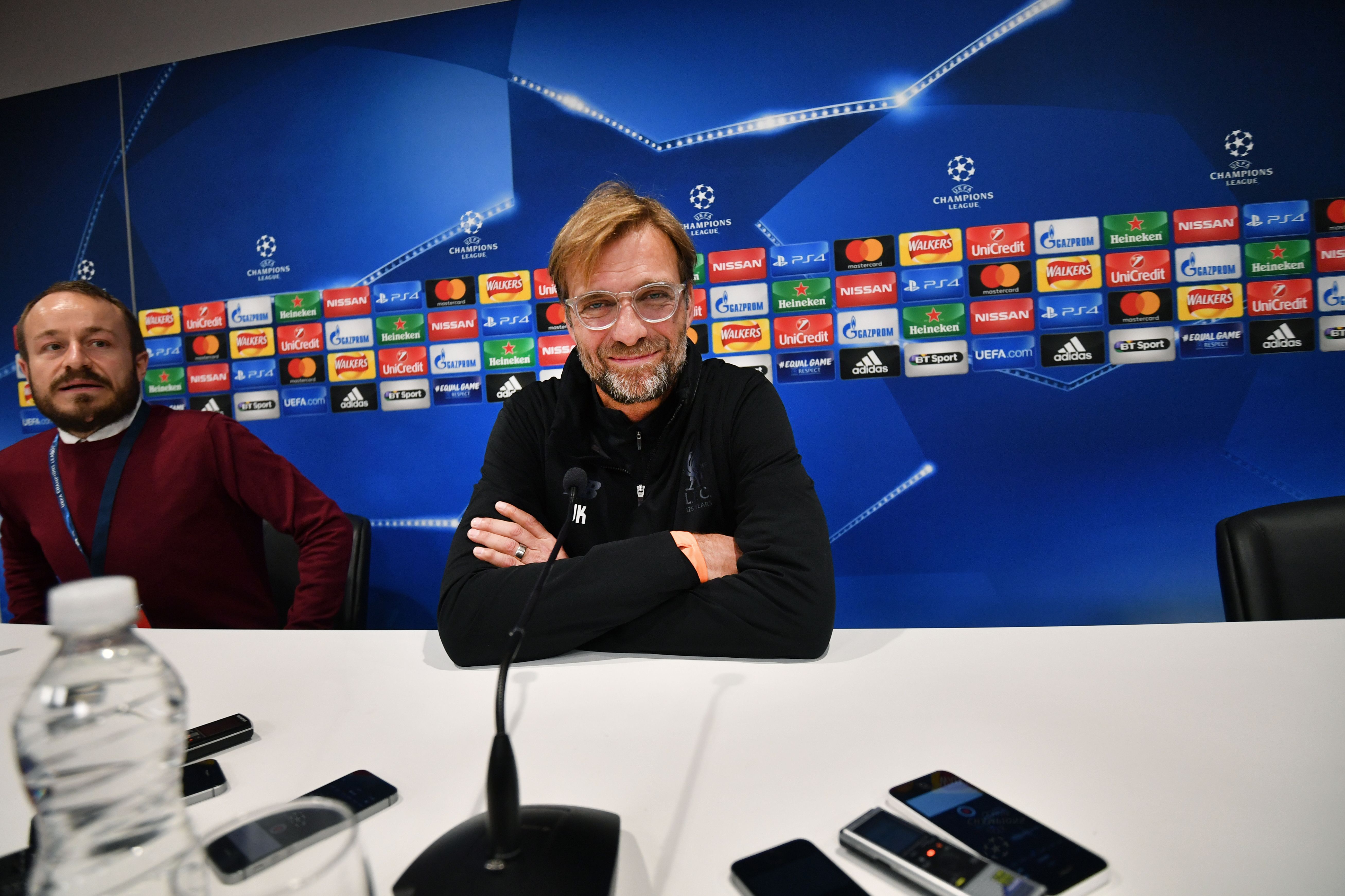 Liverpool's German manager Jurgen Klopp smiles as he attends a press conference at Anfield stadium in Liverpool, north west England on October 31, 2017, on the eve of their UEFA Champions League group E football match against NK Maribor. / AFP PHOTO / Anthony Devlin        (Photo credit should read ANTHONY DEVLIN/AFP/Getty Images)