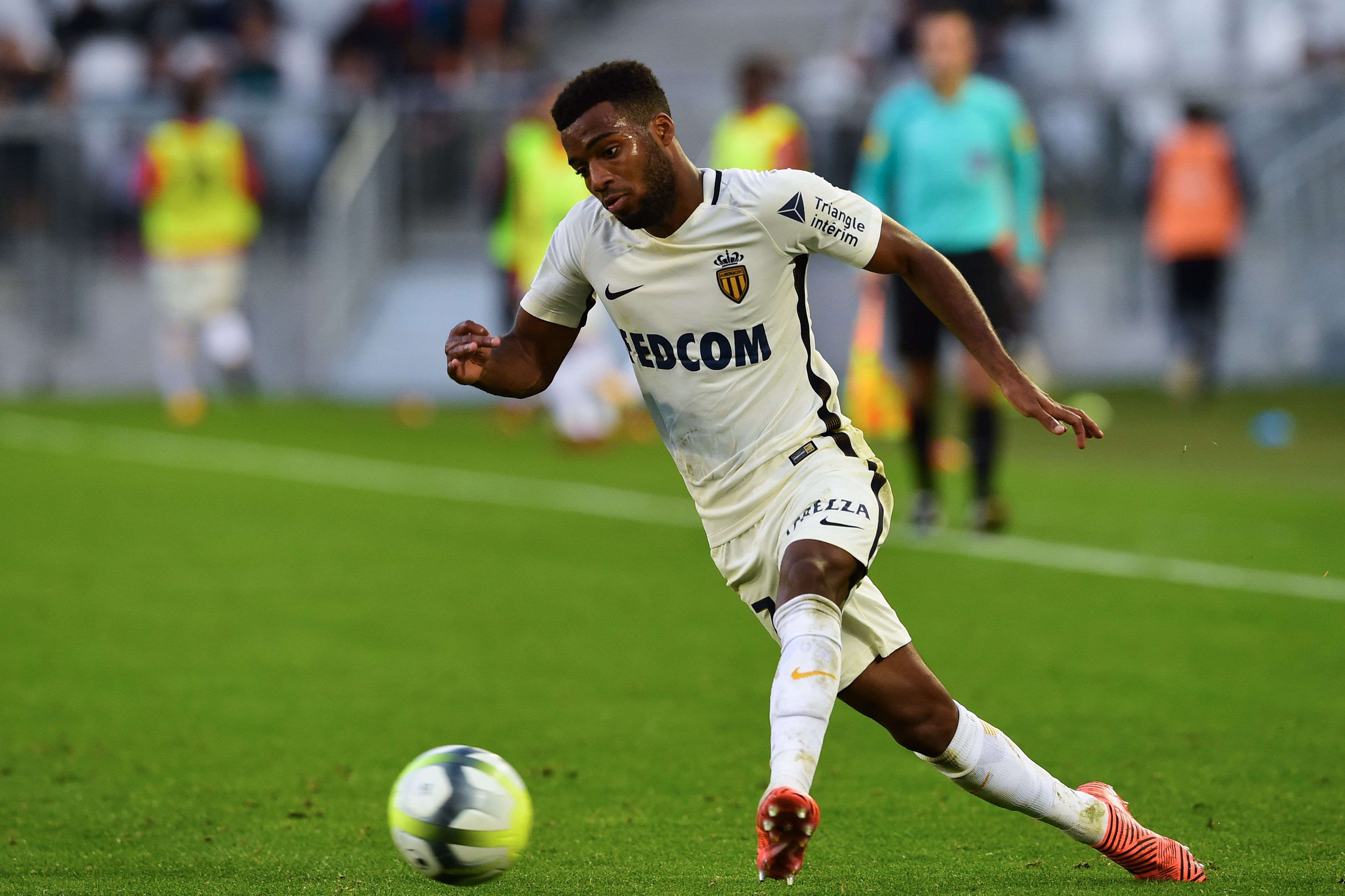 Monaco's French midfielder Thomas Lemar runs with the ball during the French L1 football match between Bordeaux and Monaco on October 28, 2017 at the Matmut Atlantique stadium in Bordeaux, southwestern France.  / AFP PHOTO / NICOLAS TUCAT        (Photo credit should read NICOLAS TUCAT/AFP/Getty Images)