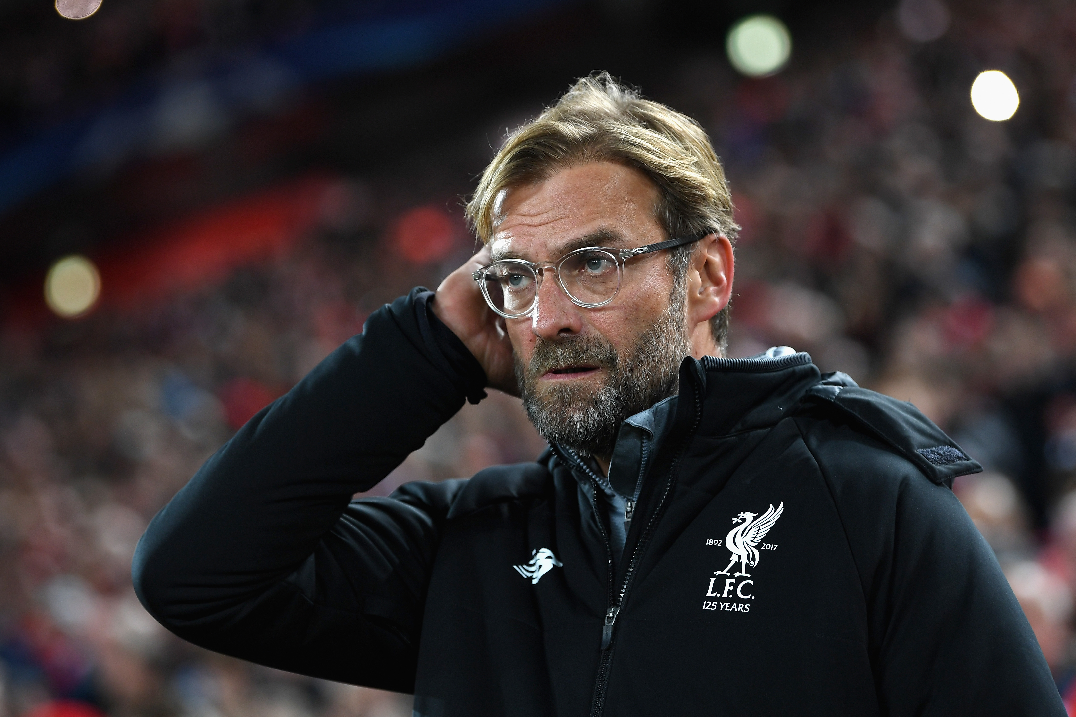 LIVERPOOL, ENGLAND - NOVEMBER 01:  Jurgen Klopp, Manager of Liverpool looks on prior to the UEFA Champions League group E match between Liverpool FC and NK Maribor at Anfield on November 1, 2017 in Liverpool, United Kingdom.  (Photo by Michael Regan/Getty Images)