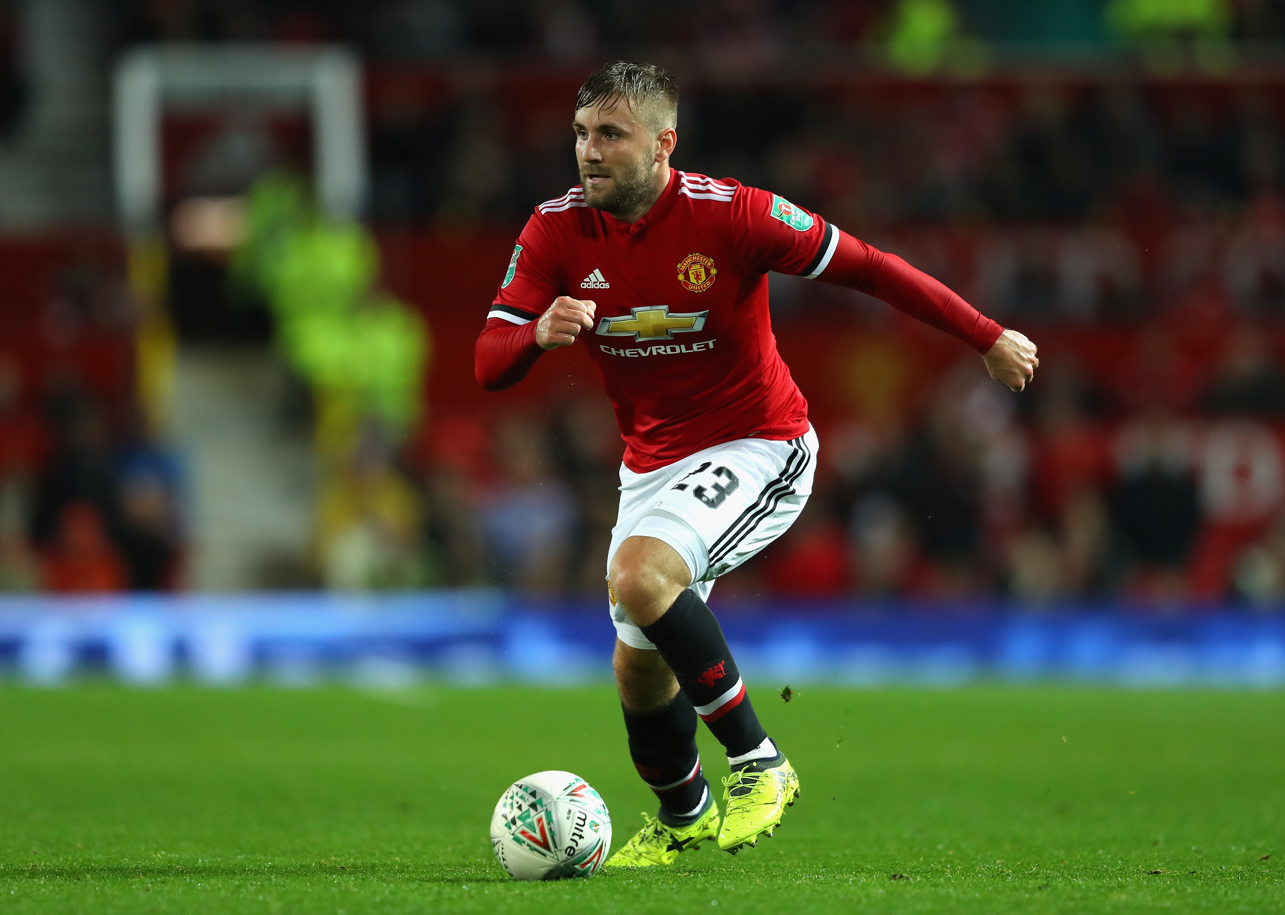 MANCHESTER, ENGLAND - SEPTEMBER 20:  Luke Shaw of Manchester United in action during the Carabao Cup Third Round match between Manchester United and Burton Albion at Old Trafford on September 20, 2017 in Manchester, England.  (Photo by Richard Heathcote/Getty Images)