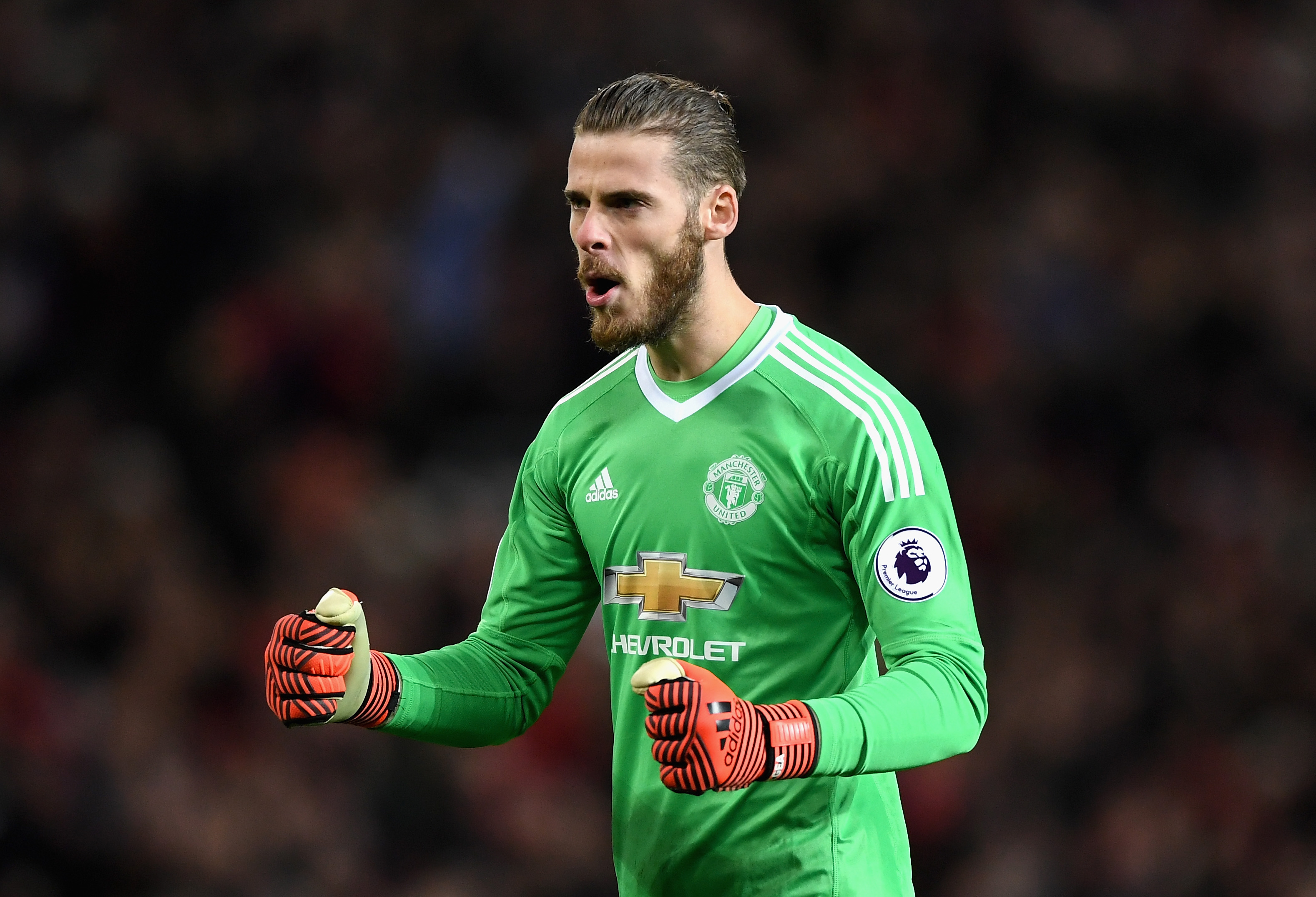 MANCHESTER, ENGLAND - NOVEMBER 18:  David De Gea of Manchester United celebrates after Anthony Martial scoring their sides first goal during the Premier League match between Manchester United and Newcastle United at Old Trafford on November 18, 2017 in Manchester, England.  (Photo by Gareth Copley/Getty Images)