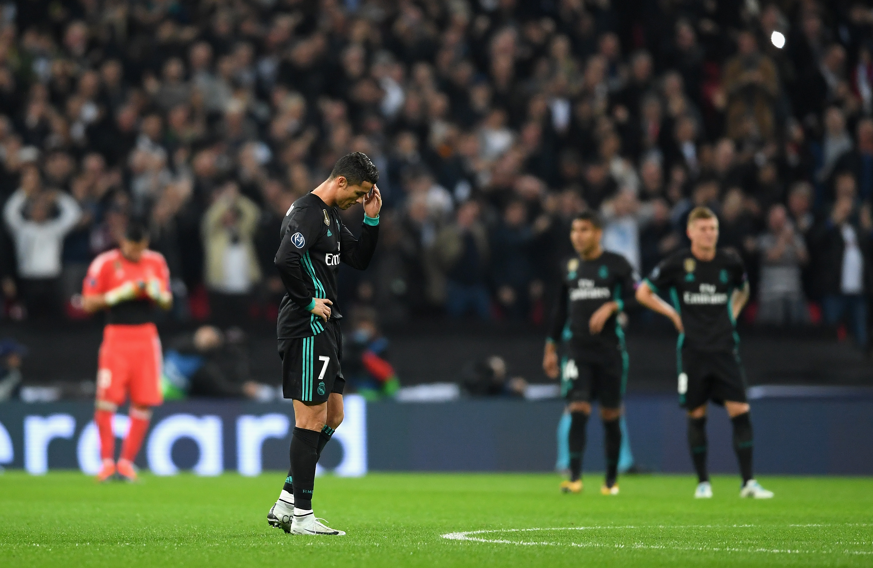 LONDON, ENGLAND - NOVEMBER 01:  Cristiano Ronaldo of Real Madrid looks dejected following Tottenham Hotspur's third goal during the UEFA Champions League group H match between Tottenham Hotspur and Real Madrid at Wembley Stadium on November 1, 2017 in London, United Kingdom.  (Photo by Laurence Griffiths/Getty Images)