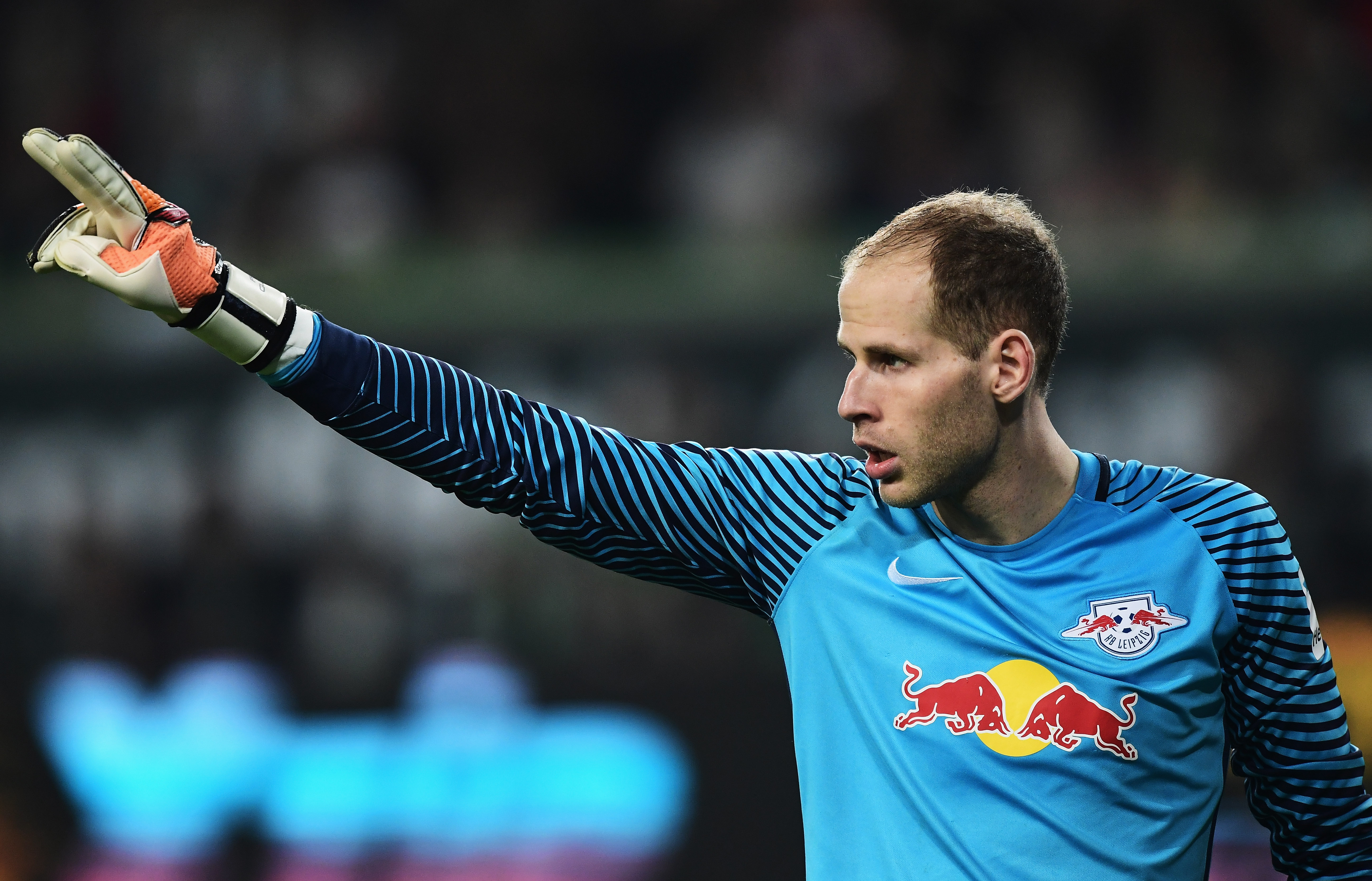 WOLFSBURG, GERMANY - OCTOBER 16:  Péter Gulácsi of Leipzig gestures during the Bundesliga match between VfL Wolfsburg and RB Leipzig at Volkswagen Arena on October 16, 2016 in Wolfsburg, Germany.  (Photo by Stuart Franklin/Bongarts/Getty Images)