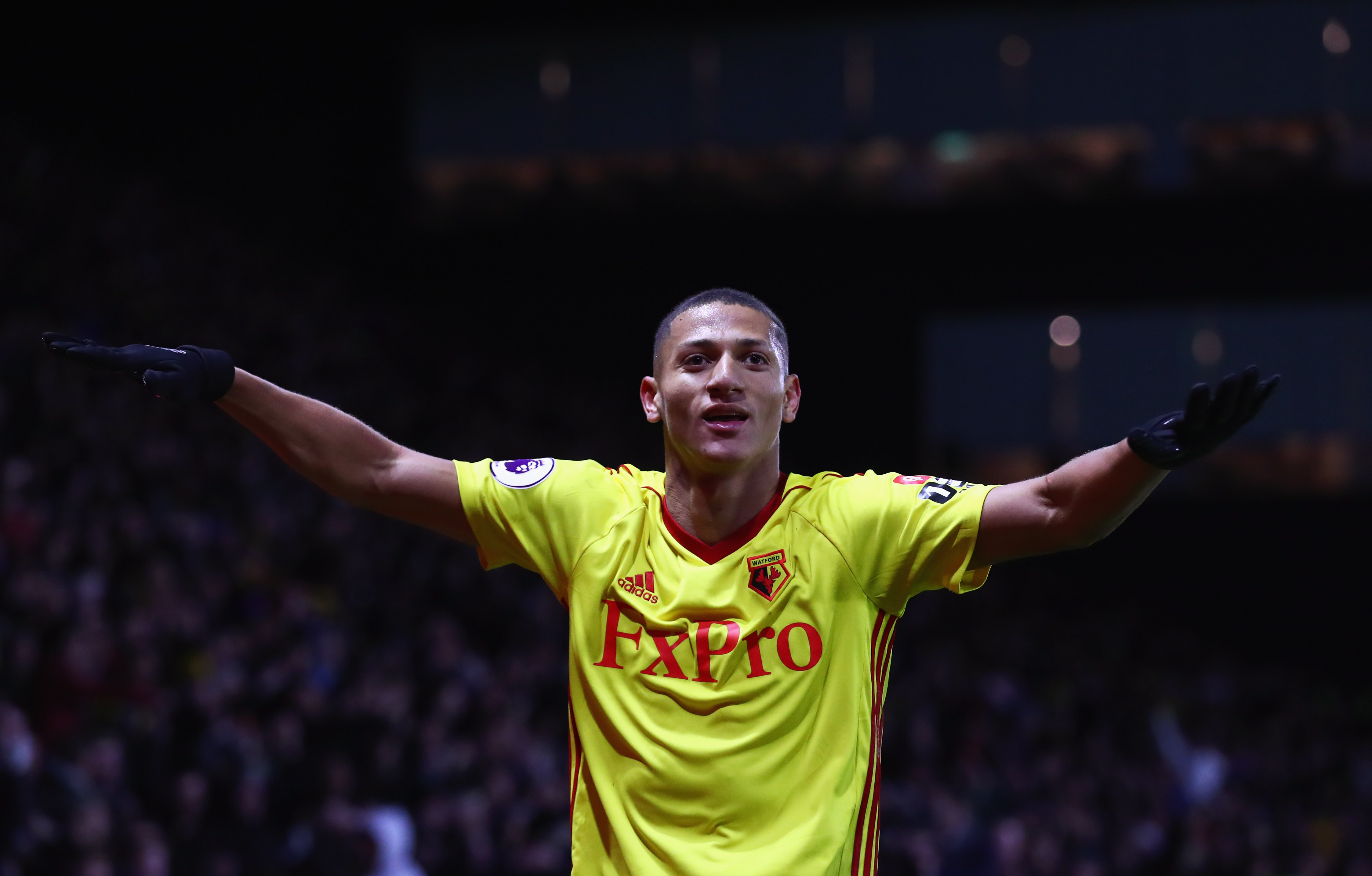 WATFORD, ENGLAND - NOVEMBER 19:  Richarlison de Andrade of Watford celebrates as he scores their second goal during the Premier League match between Watford and West Ham United at Vicarage Road on November 19, 2017 in Watford, England.  (Photo by Clive Rose/Getty Images)