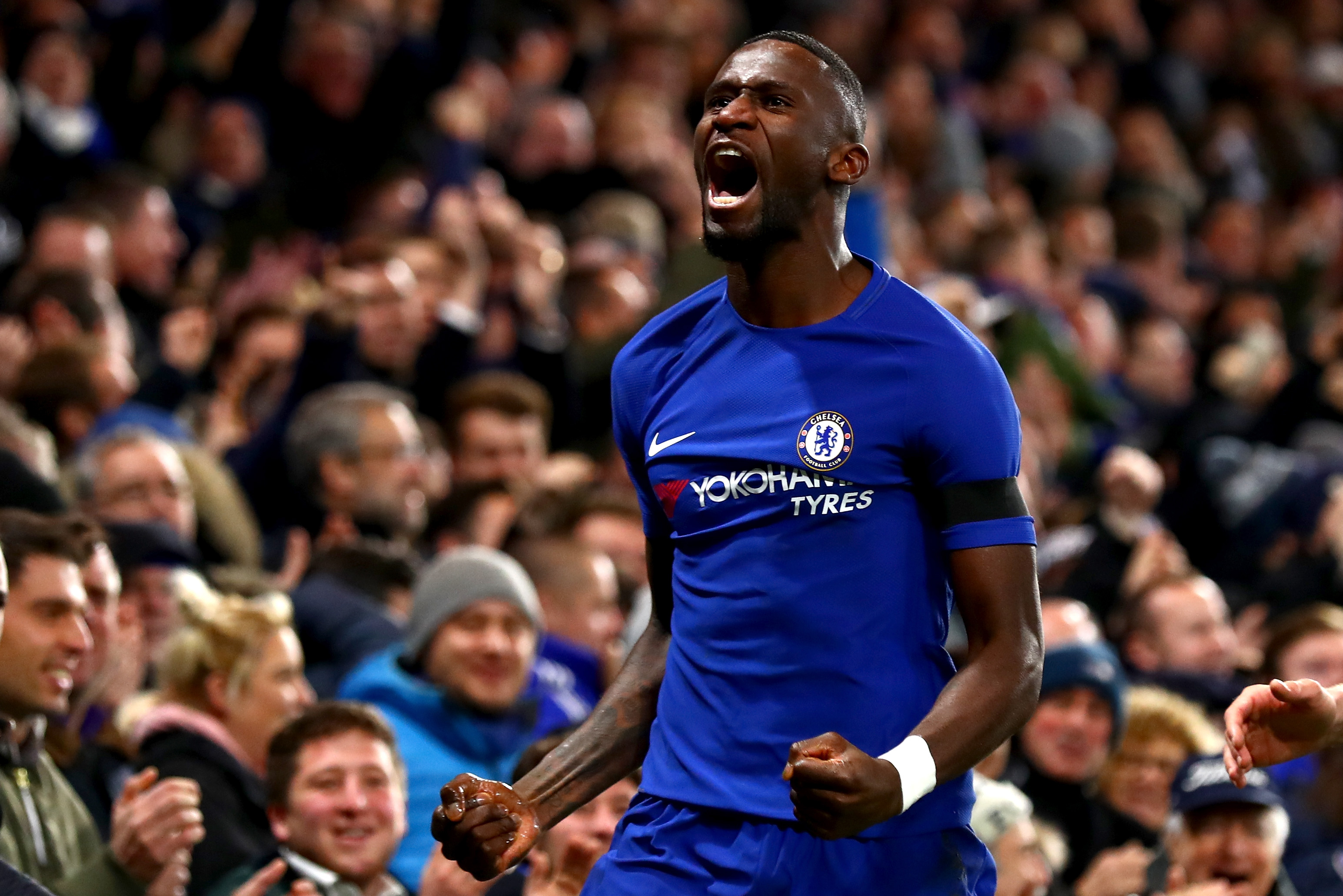 LONDON, ENGLAND - NOVEMBER 29:  Antonio Rudiger of Chelsea celebrates after scoring his sides second goal during the Premier League match between Chelsea and Swansea City at Stamford Bridge on November 29, 2017 in London, England  (Photo by Clive Rose/Getty Images)