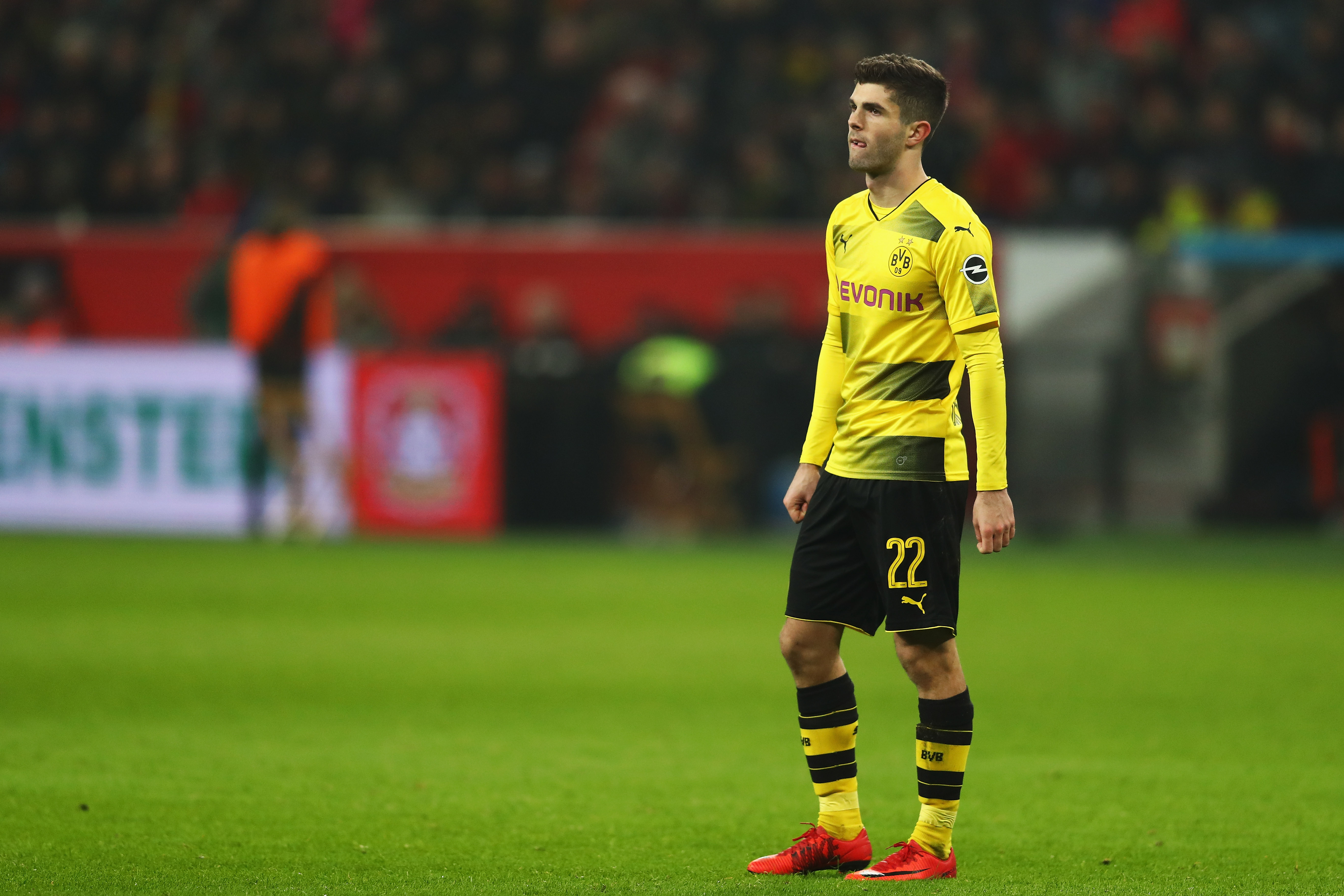 LEVERKUSEN, GERMANY - DECEMBER 02:  Christian Pulisic of Borussia Dortmund looks on during the Bundesliga match between Bayer 04 Leverkusen and Borussia Dortmund at BayArena on December 2, 2017 in Leverkusen, Germany.  (Photo by Dean Mouhtaropoulos/Bongarts/Getty Images)