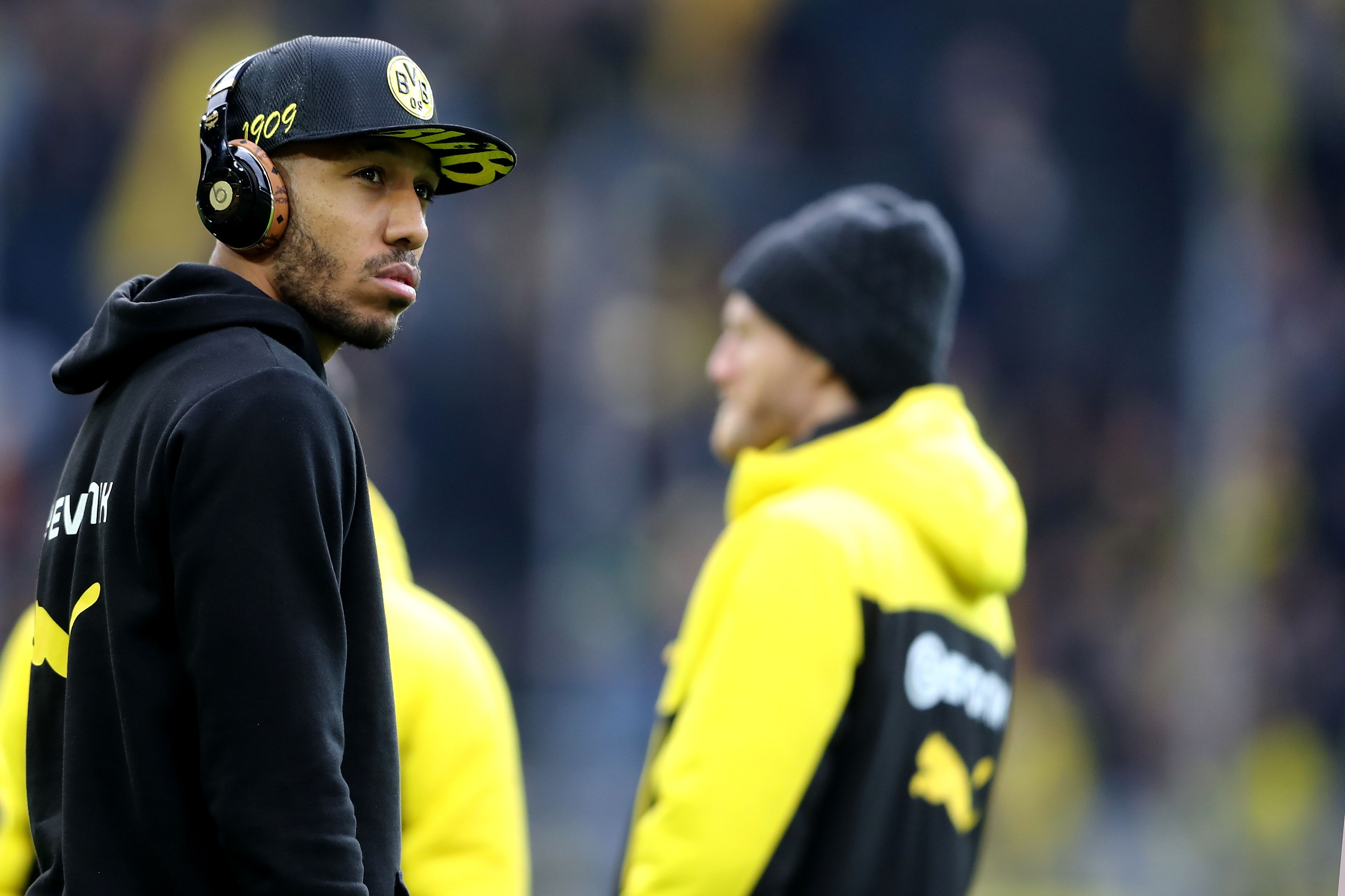 DORTMUND, GERMANY - NOVEMBER 25: Pierre-Emerick Aubameyang of Dortmund looks thoughtful during the Bundesliga match between Borussia Dortmund and FC Schalke 04 at Signal Iduna Park on November 25, 2017 in Dortmund, Germany.  (Photo by Christof Koepsel/Bongarts/Getty Images)