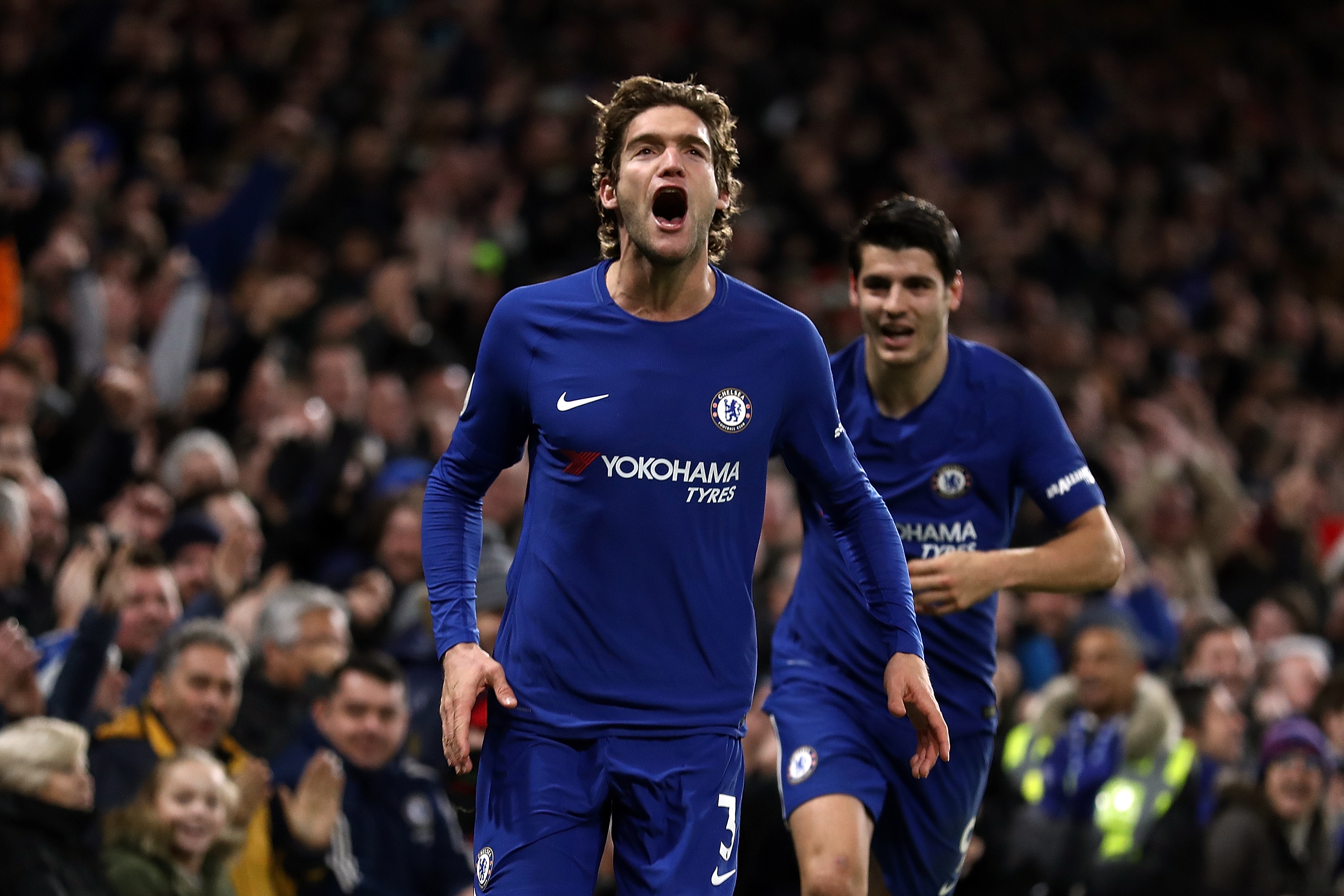 LONDON, ENGLAND - DECEMBER 26:  Marcos Alonso of Chelsea celebrates after scoring their second goal during the Premier League match between Chelsea and Brighton and Hove Albion at Stamford Bridge on December 26, 2017 in London, England.  (Photo by Bryn Lennon/Getty Images)