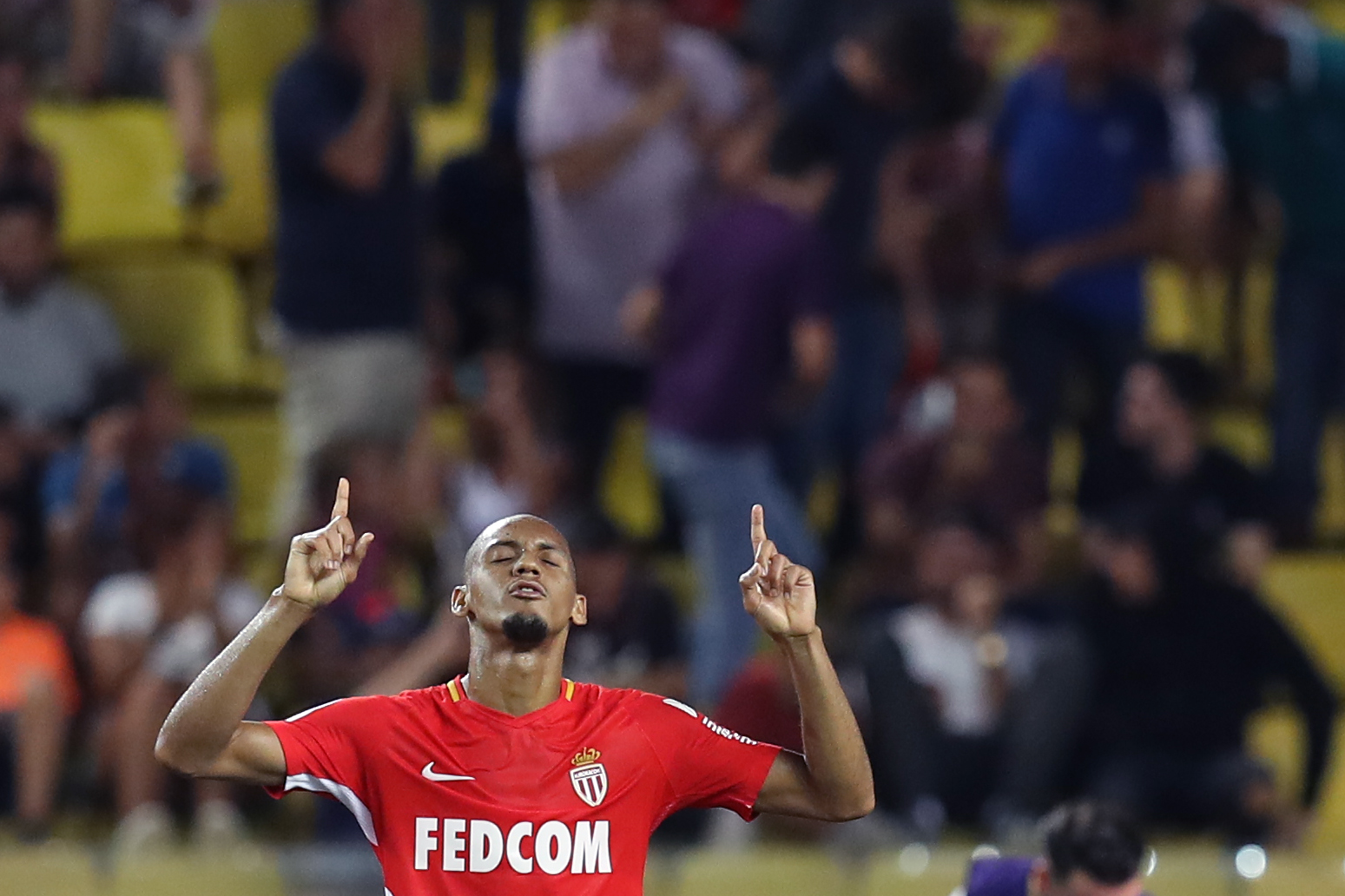 Monaco's Brazilian defender Fabinho celebrates after scoring a goal  during the French L1 football match between Monaco (ASM) and Marseille (OM) on August 27, 2017, at the Louis II Stadium in Monaco. / AFP PHOTO / VALERY HACHE        (Photo credit should read VALERY HACHE/AFP/Getty Images)