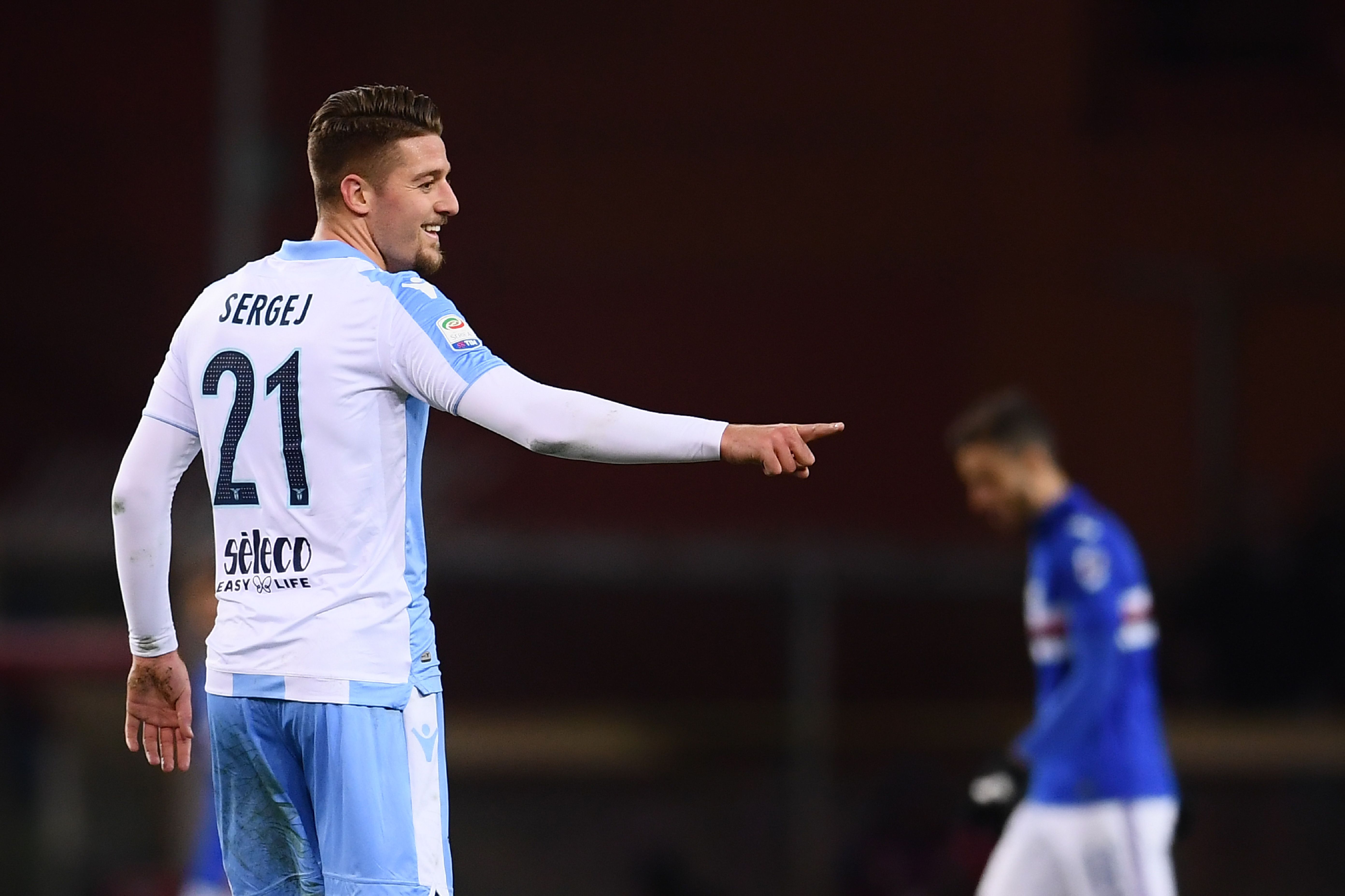 Lazio's midfielder from Serbia Sergej Milinkovic-Savic celebrates after scoring during the Italian Serie A football match Sampdoria Vs Lazio on December 3, 2017 at the 'Luigi Ferraris stadium' in Genoa.  / AFP PHOTO / Marco BERTORELLO        (Photo credit should read MARCO BERTORELLO/AFP/Getty Images)