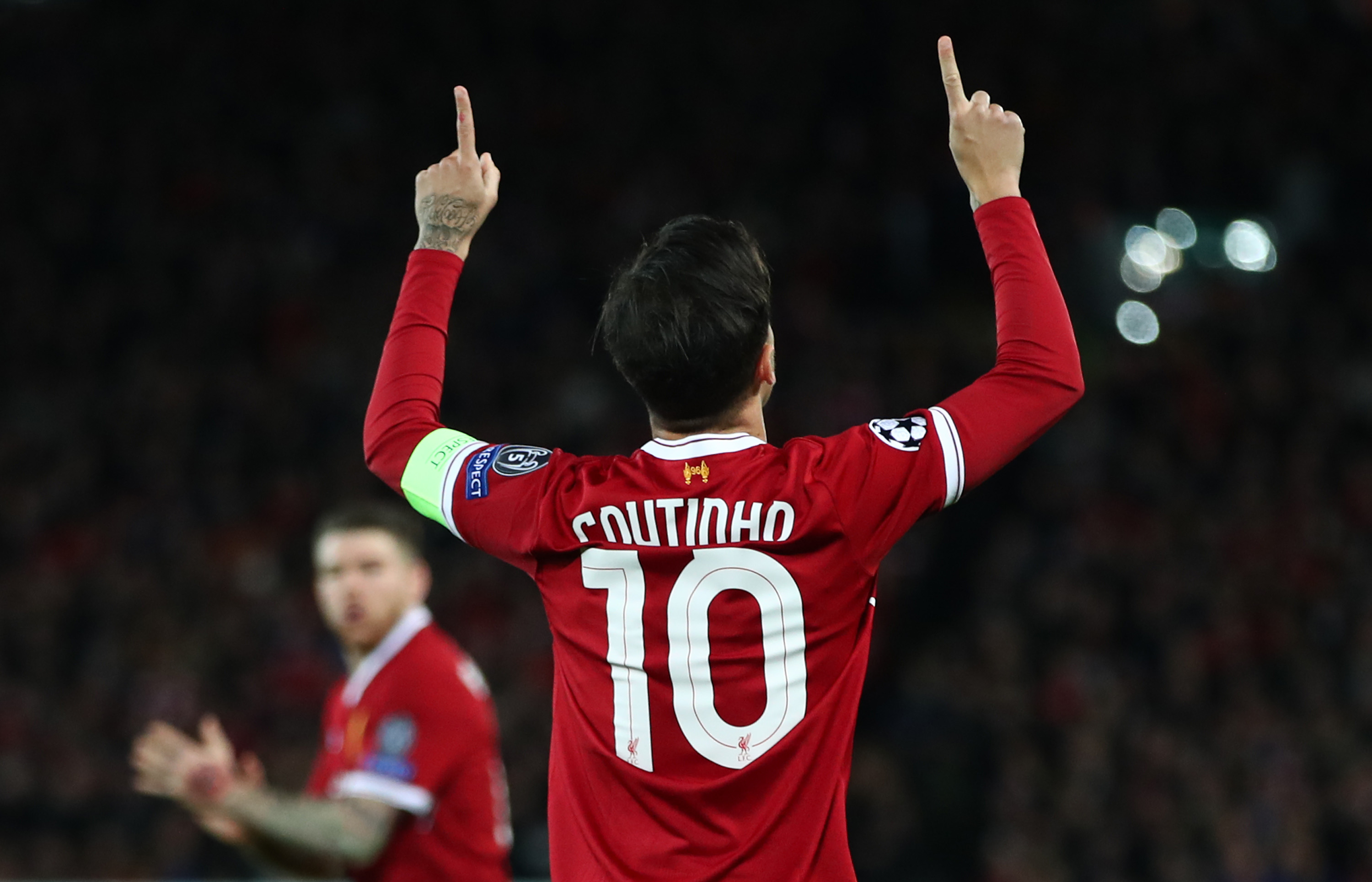 LIVERPOOL, ENGLAND - DECEMBER 06:  Philippe Coutinho of Liverpool celebrates after scoring his sides secong goal during the UEFA Champions League group E match between Liverpool FC and Spartak Moskva at Anfield on December 6, 2017 in Liverpool, United Kingdom.  (Photo by Clive Brunskill/Getty Images) *** Local Caption *** Philippe Coutinho