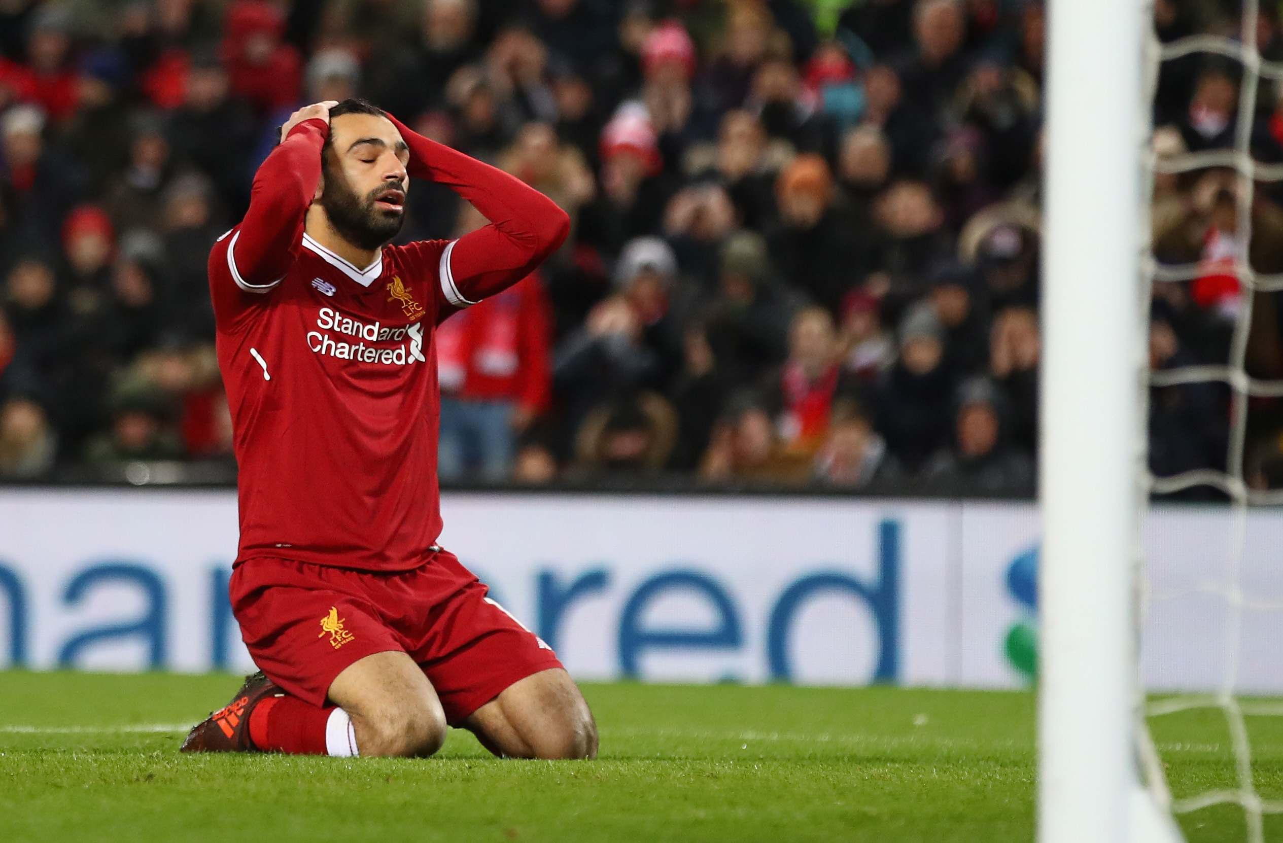 LIVERPOOL, ENGLAND - DECEMBER 13:  Mohamed Salah of Liverpool reacts after a near miss during the Premier League match between Liverpool and West Bromwich Albion at Anfield on December 13, 2017 in Liverpool, England.  (Photo by Clive Brunskill/Getty Images)