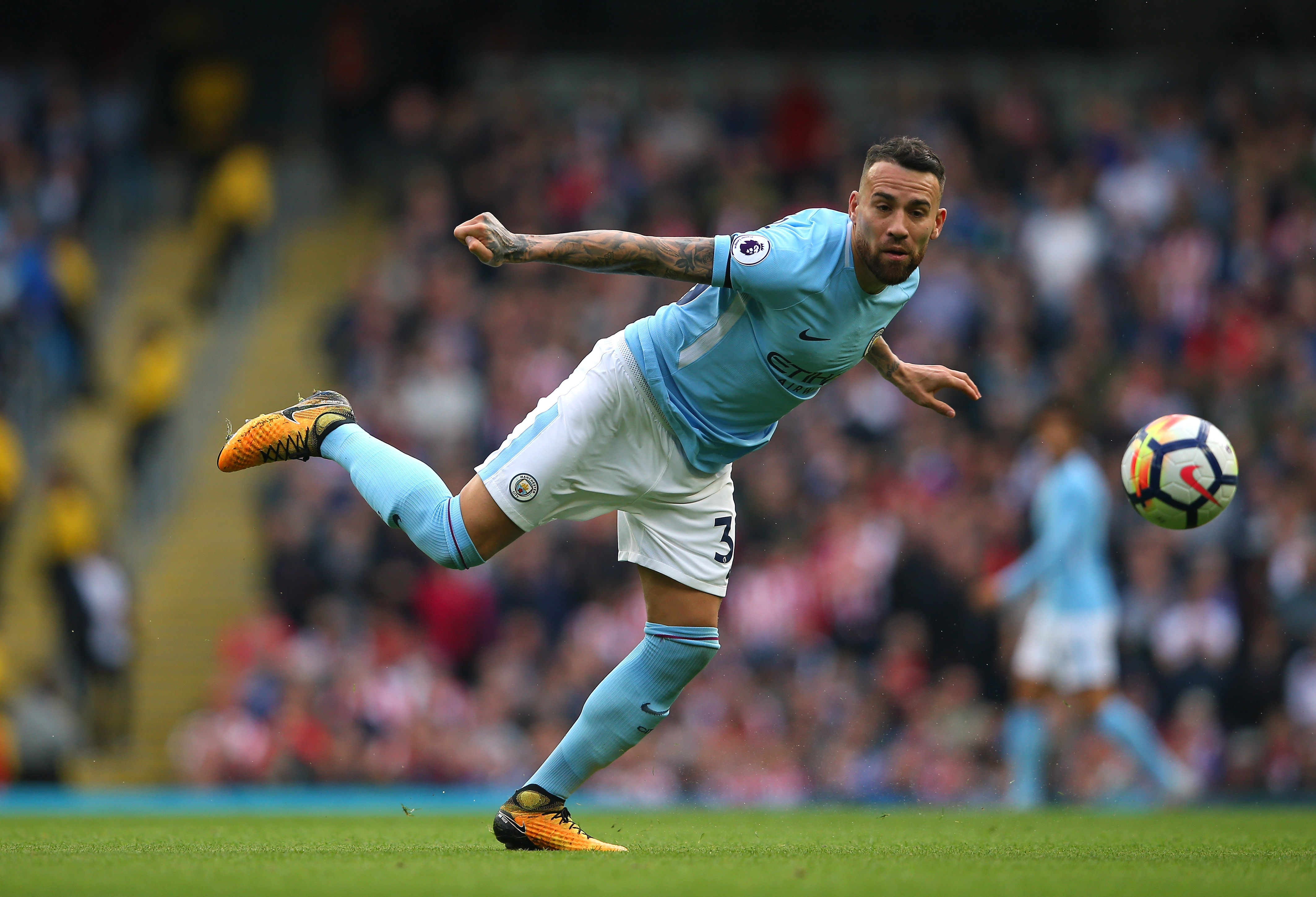 MANCHESTER, ENGLAND - OCTOBER 14:  Nicolas Otamendi of Manchester City during the Premier League match between Manchester City and Stoke City at Etihad Stadium on October 14, 2017 in Manchester, England.  (Photo by Alex Livesey/Getty Images)