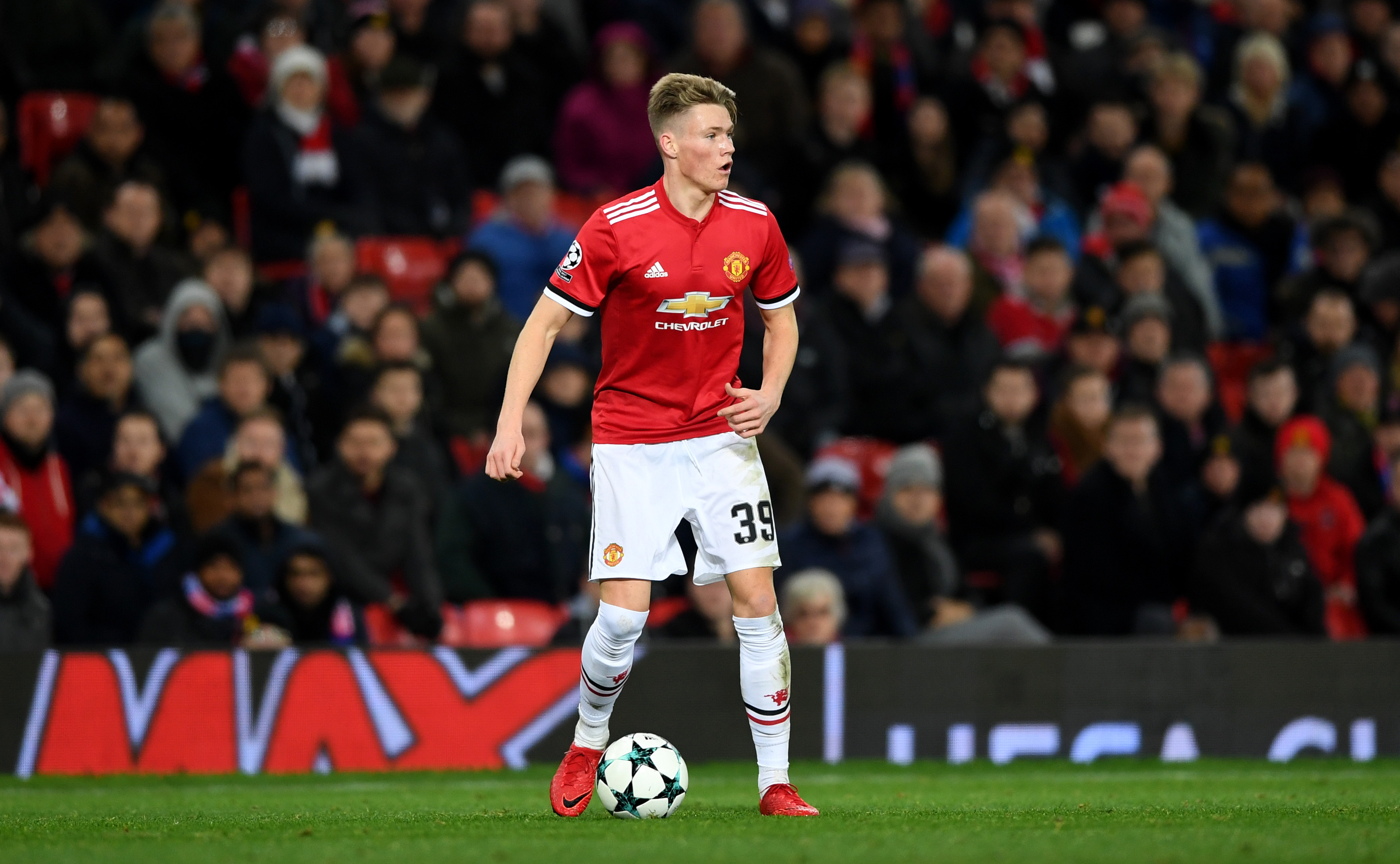Scott McTominay of Manchester United during the UEFA Champions League group A match between Manchester United and CSKA Moskva at Old Trafford on December 5, 2017 in Manchester, United Kingdom.  (Photo by Gareth Copley/Getty Images)