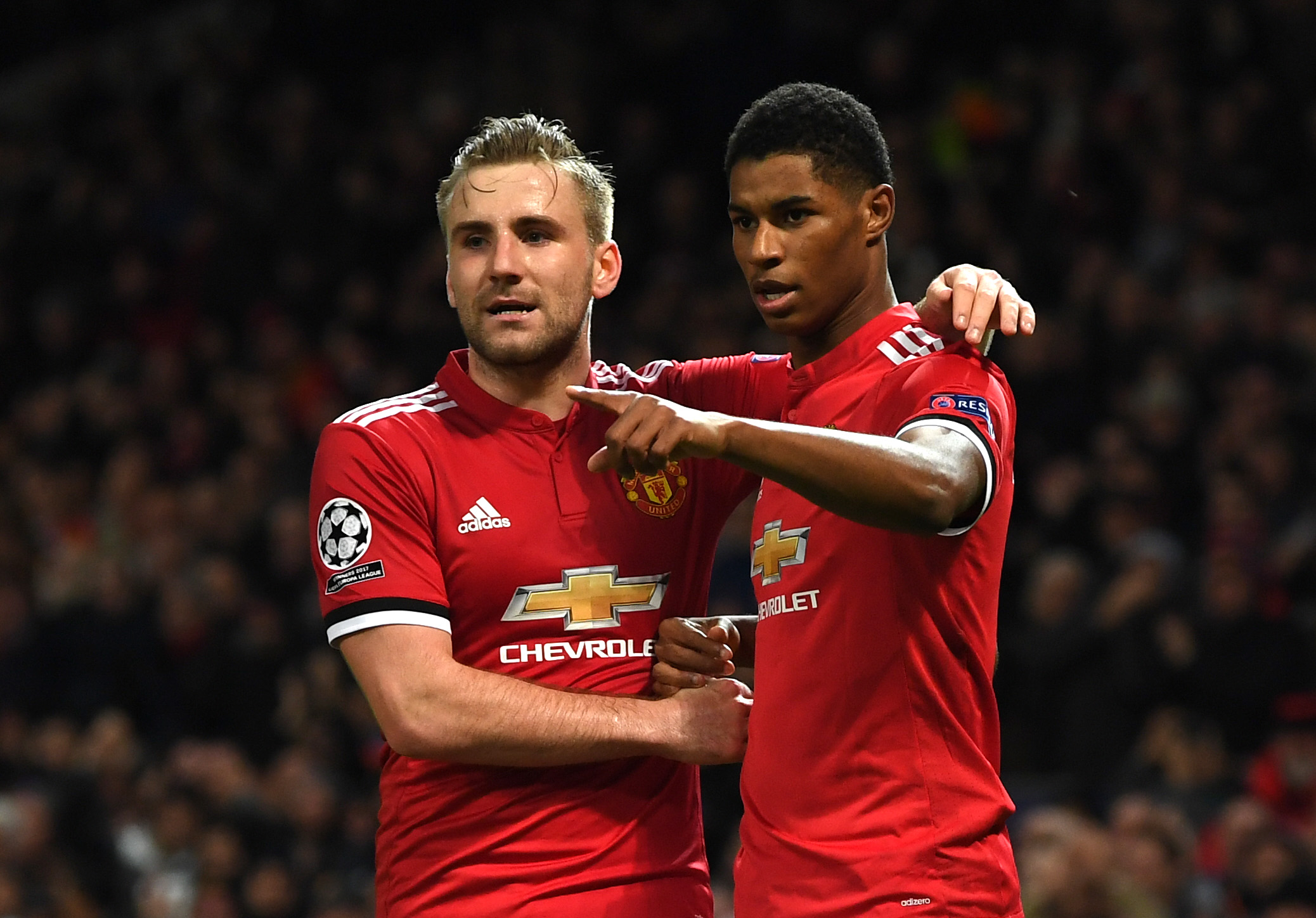 MANCHESTER, ENGLAND - DECEMBER 05:  Marcus Rashford of Manchester United celebrates after scoring his sides second goal with Luke Shaw of Manchester United during the UEFA Champions League group A match between Manchester United and CSKA Moskva at Old Trafford on December 5, 2017 in Manchester, United Kingdom.  (Photo by Gareth Copley/Getty Images)