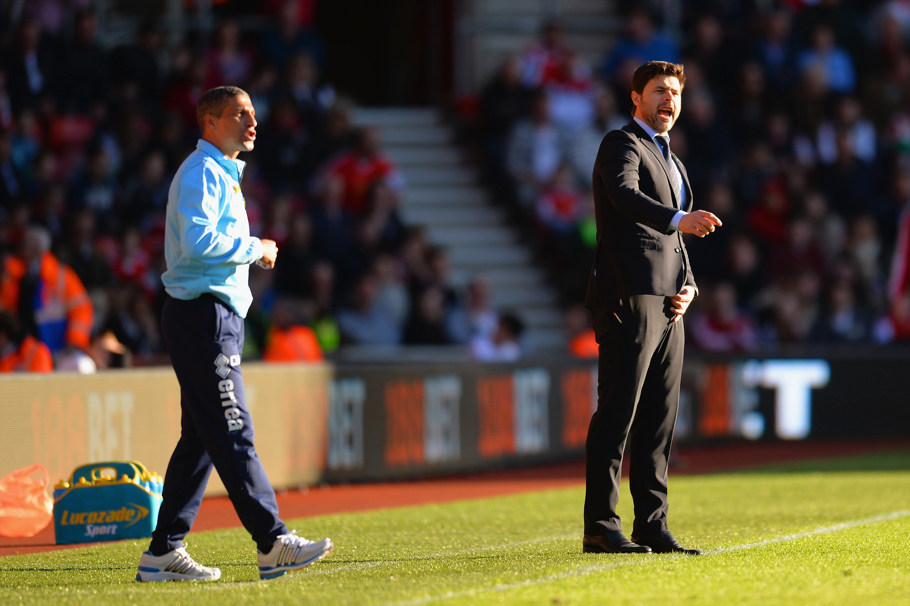 SOUTHAMPTON, ENGLAND - MARCH 15:  Chris Hughton manager of Norwich City and Manager Mauricio Pochettino of Southampton on the touchline during the Barclays Premier League match between Southampton and Norwich City at St Mary's Stadium on March 15, 2014 in Southampton, England.  (Photo by Christopher Lee/Getty Images)