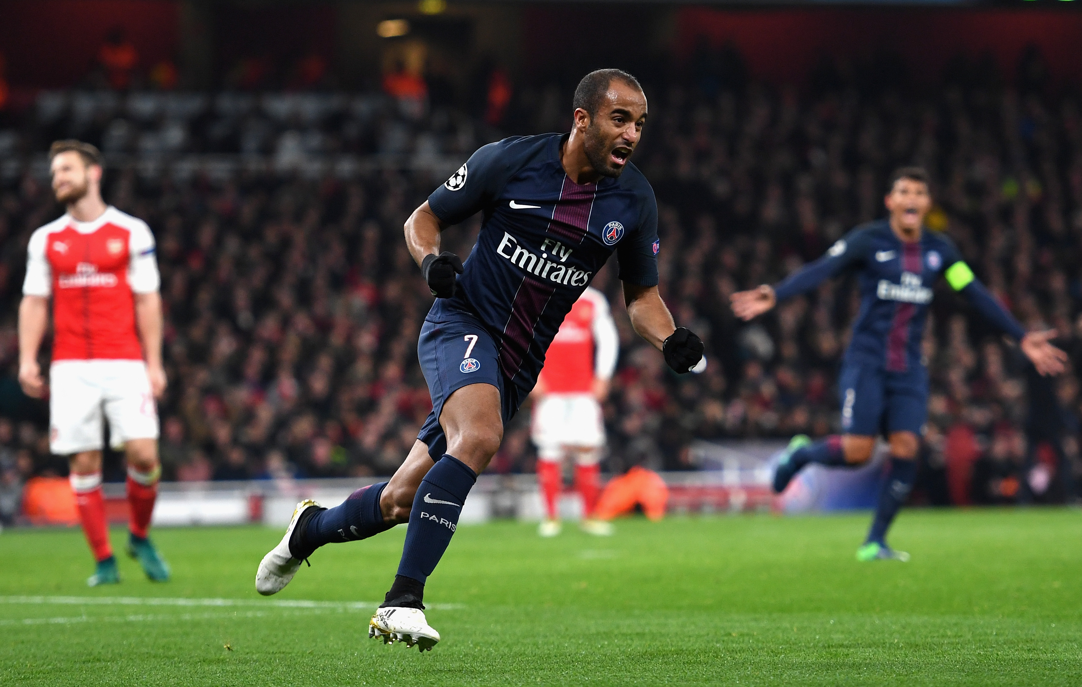 LONDON, ENGLAND - NOVEMBER 23:  Lucas of PSG celebrates scoring his sides second goal during the UEFA Champions League Group A match between Arsenal FC and Paris Saint-Germain at the Emirates Stadium on November 23, 2016 in London, England.  (Photo by Shaun Botterill/Getty Images)