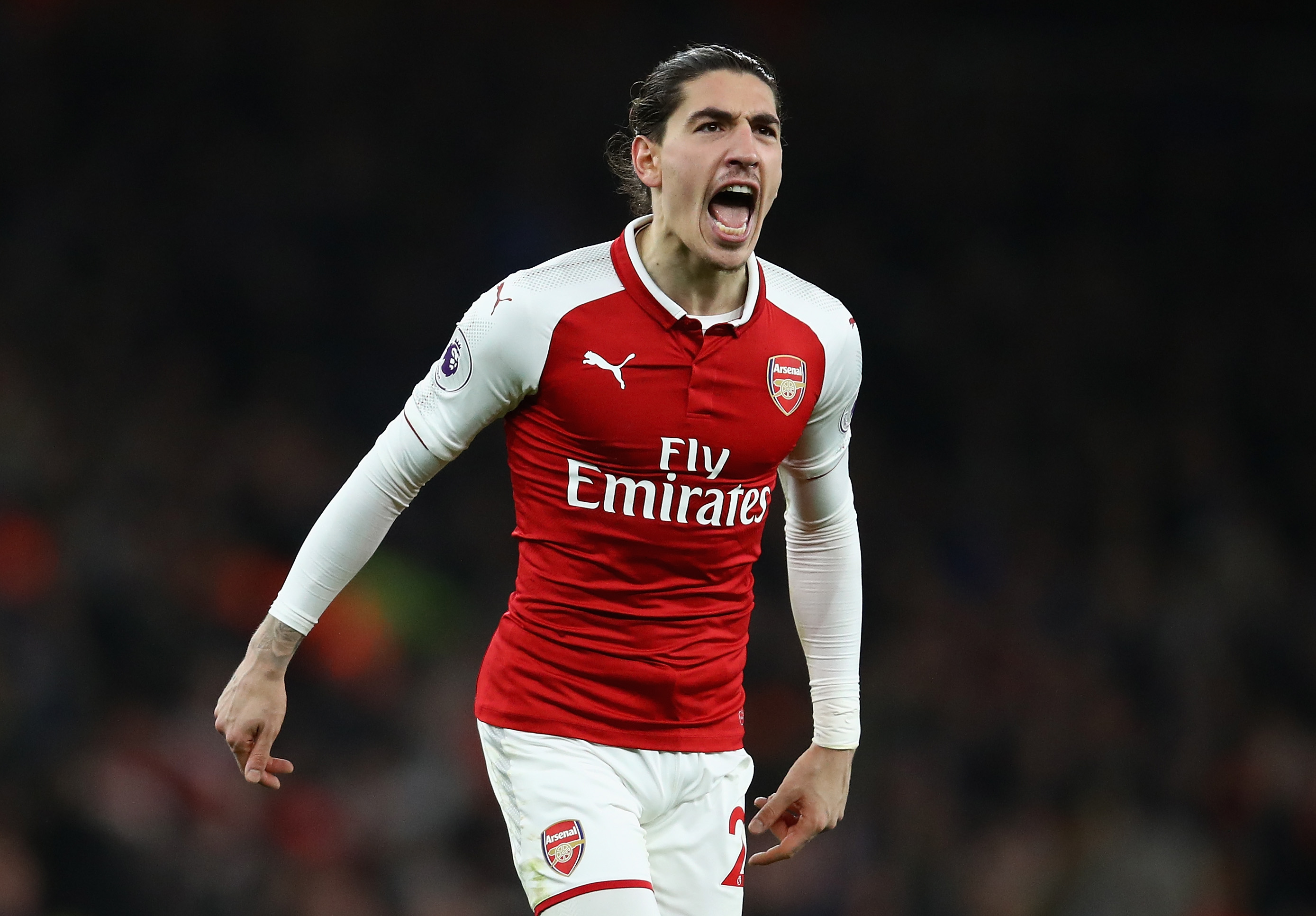 LONDON, ENGLAND - JANUARY 03:  Hector Bellerin of Arsenal celebrates scoring his teams second goal during the Premier League match between Arsenal and Chelsea at Emirates Stadium on January 3, 2018 in London, England.  (Photo by Julian Finney/Getty Images)