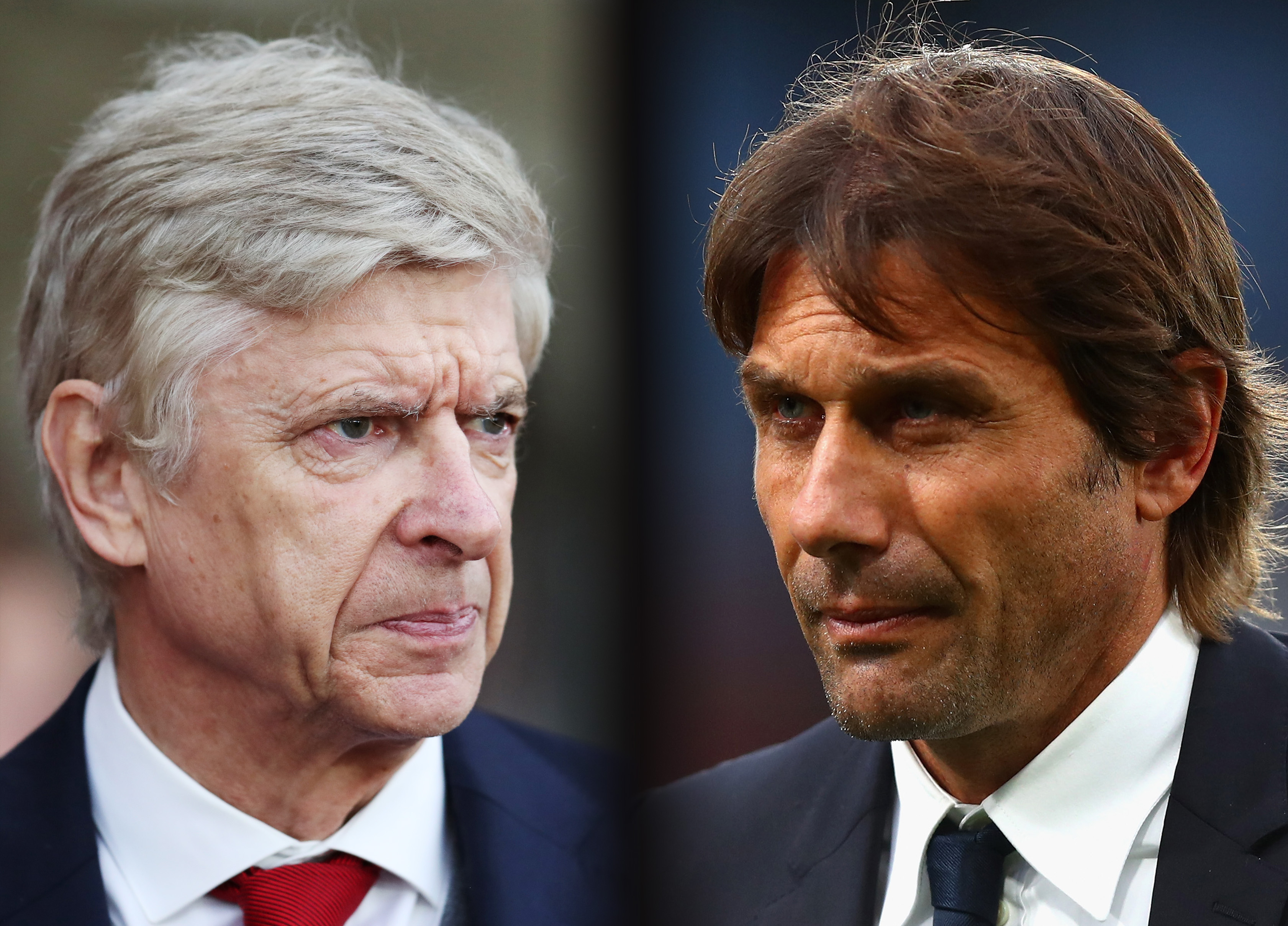 FILE PHOTO (EDITORS NOTE: GRADIENT ADDED - COMPOSITE OF TWO IMAGES - Image numbers (L) 889346808 and 861285074) In this composite image a comparision has been made between Arsene Wenger, Manager of Arsenal (L) and Antonio Conte, Manager of Chelsea.  Arsenal and  Chelsea meet in a Premier League match on January 3, 2017 at the Emirates Stadium in London,England.    ***LEFT IMAGE*** SOUTHAMPTON, ENGLAND - DECEMBER 10: Arsene Wenger, Manager of Arsenal looks on during the Premier League match between Southampton and Arsenal at St Mary's Stadium on December 10, 2017 in Southampton, England. (Photo by Catherine Ivill/Getty Images) ***RIGHT IMAGE*** LONDON, ENGLAND - OCTOBER 14: Antonio Conte, Manager of Chelsea looks dejected after the Premier League match between Crystal Palace and Chelsea at Selhurst Park on October 14, 2017 in London, England. (Photo by Clive Rose/Getty Images)