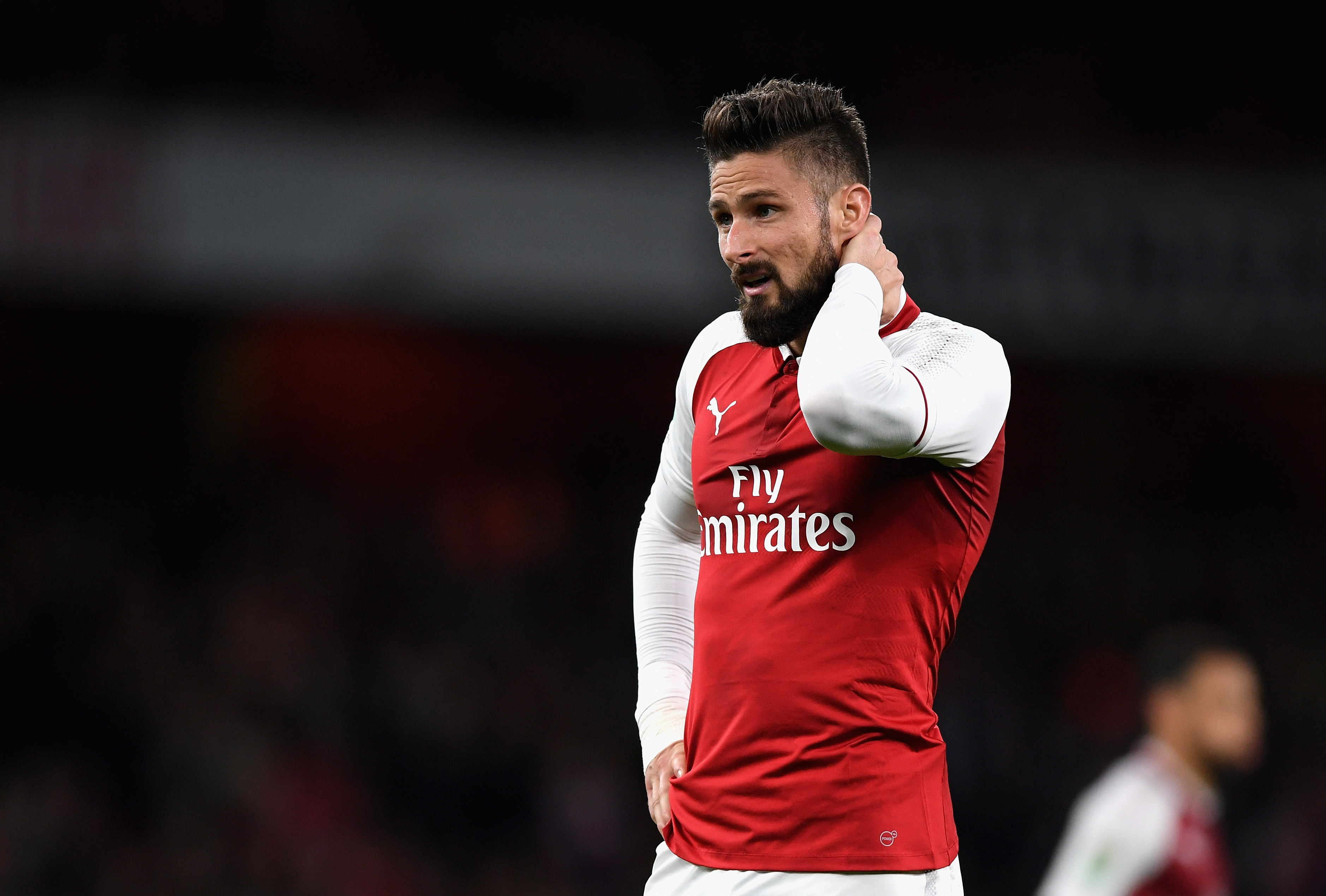 LONDON, ENGLAND - OCTOBER 24: Olivier Giroud of Arsenal looks on during the Carabao Cup Fourth Round match between Arsenal and Norwich City at Emirates Stadium on October 24, 2017 in London, England.  (Photo by Shaun Botterill/Getty Images)