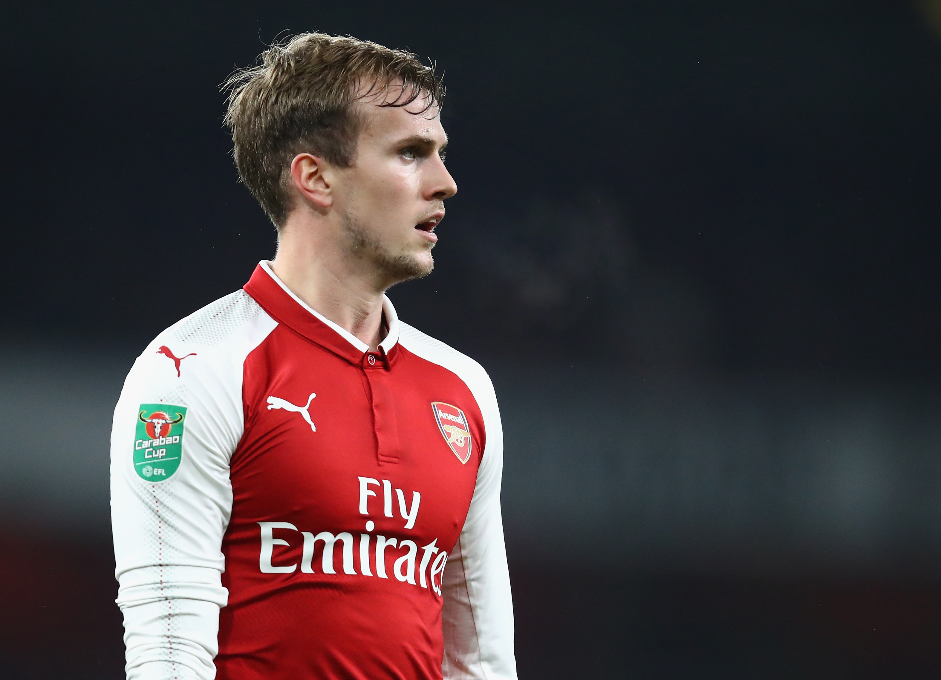 LONDON, ENGLAND - DECEMBER 19:  Rob Holding of Arsenal in action during the Carabao Cup Quarter Finals match between Arsenal and West Ham United at Emirates Stadium on December 19, 2017 in London, England.  (Photo by Julian Finney/Getty Images)