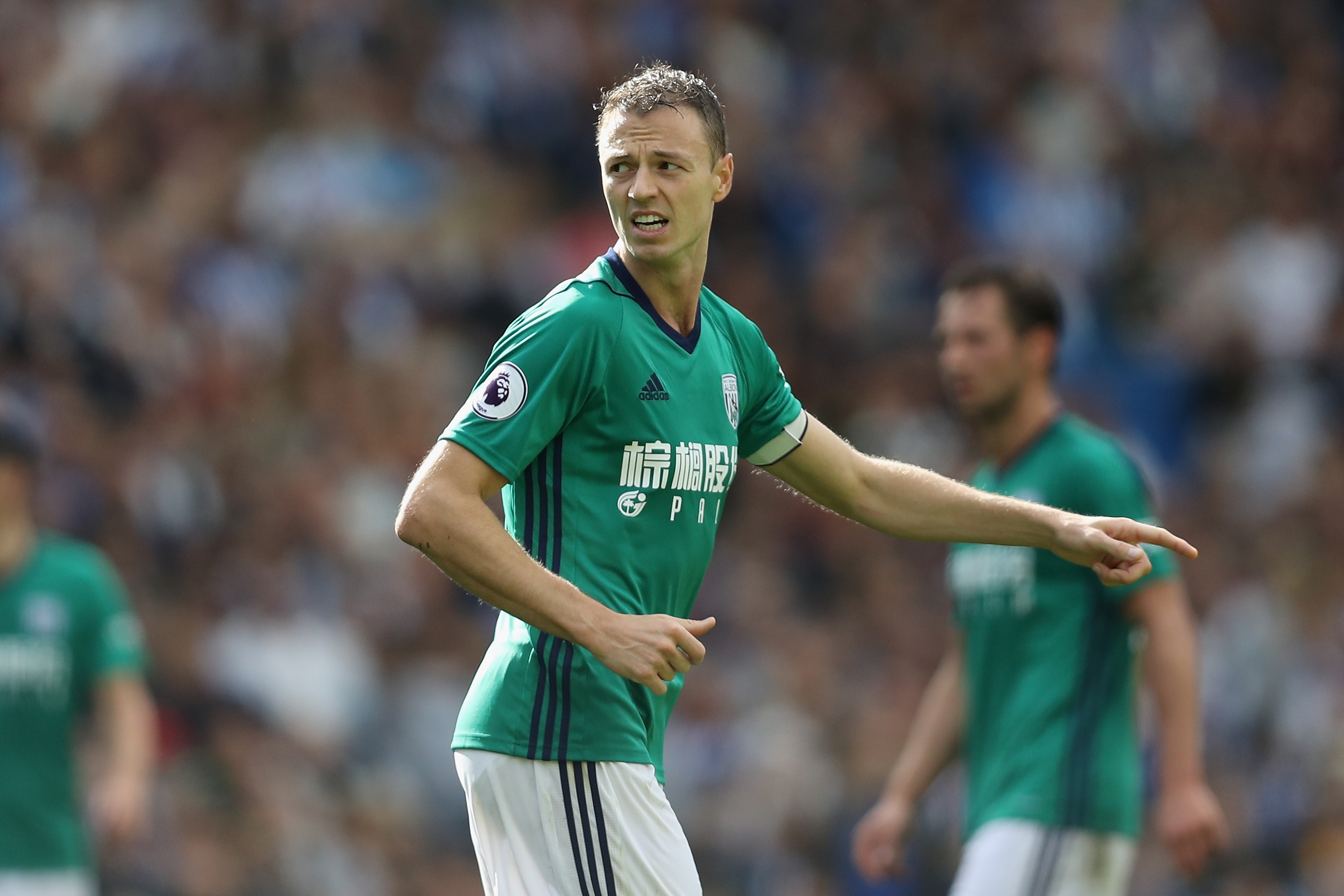 BRIGHTON, ENGLAND - SEPTEMBER 09:  Jonny Evans of West Bromwich Albion reacts during the Premier League match between Brighton and Hove Albion and West Bromwich Albion at Amex Stadium on September 9, 2017 in Brighton, England.  (Photo by Dan Istitene/Getty Images)