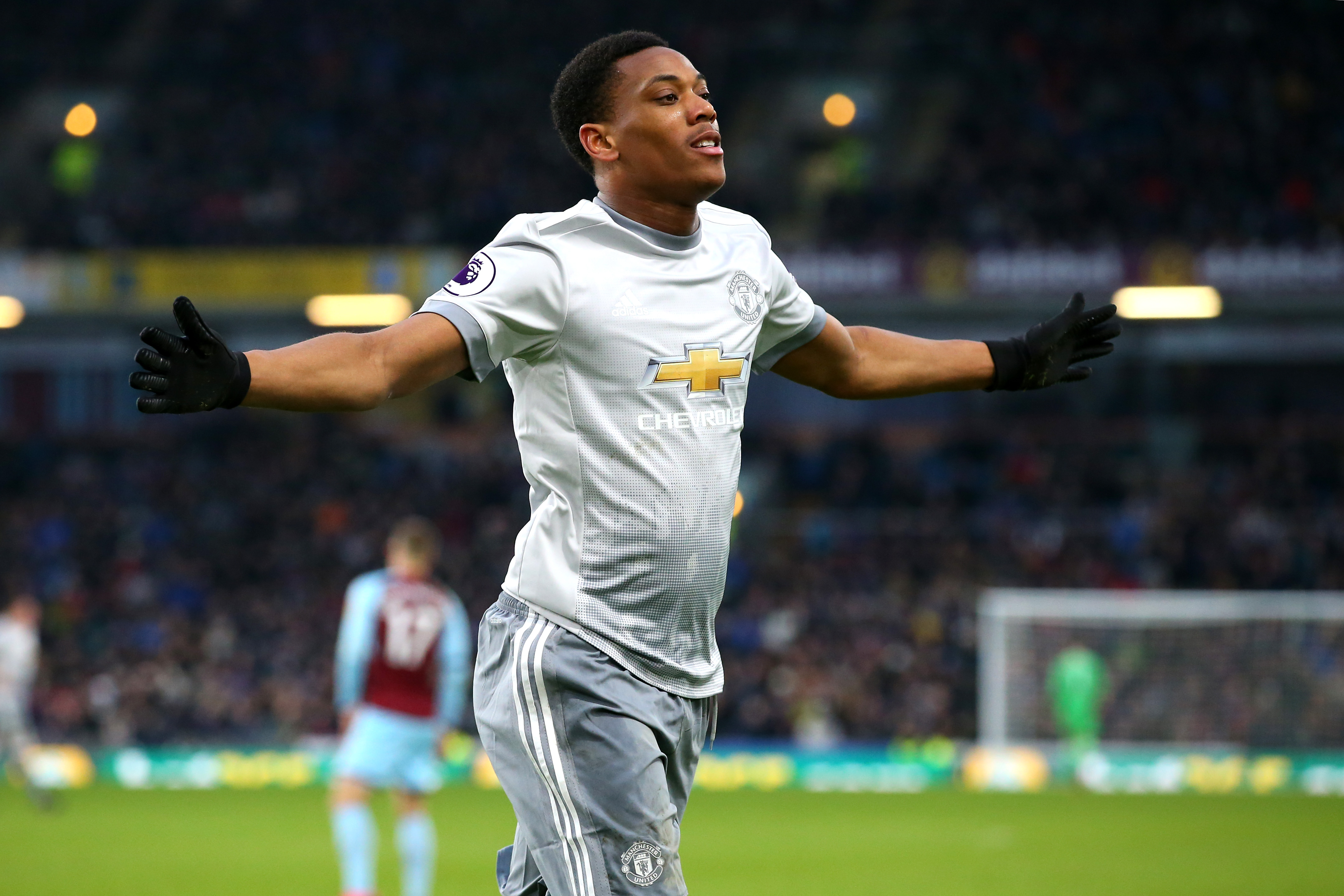 BURNLEY, ENGLAND - JANUARY 20:  Anthony Martial of Manchester United celebrates after scoring his sides first goal during the Premier League match between Burnley and Manchester United at Turf Moor on January 20, 2018 in Burnley, England.  (Photo by Alex Livesey/Getty Images)