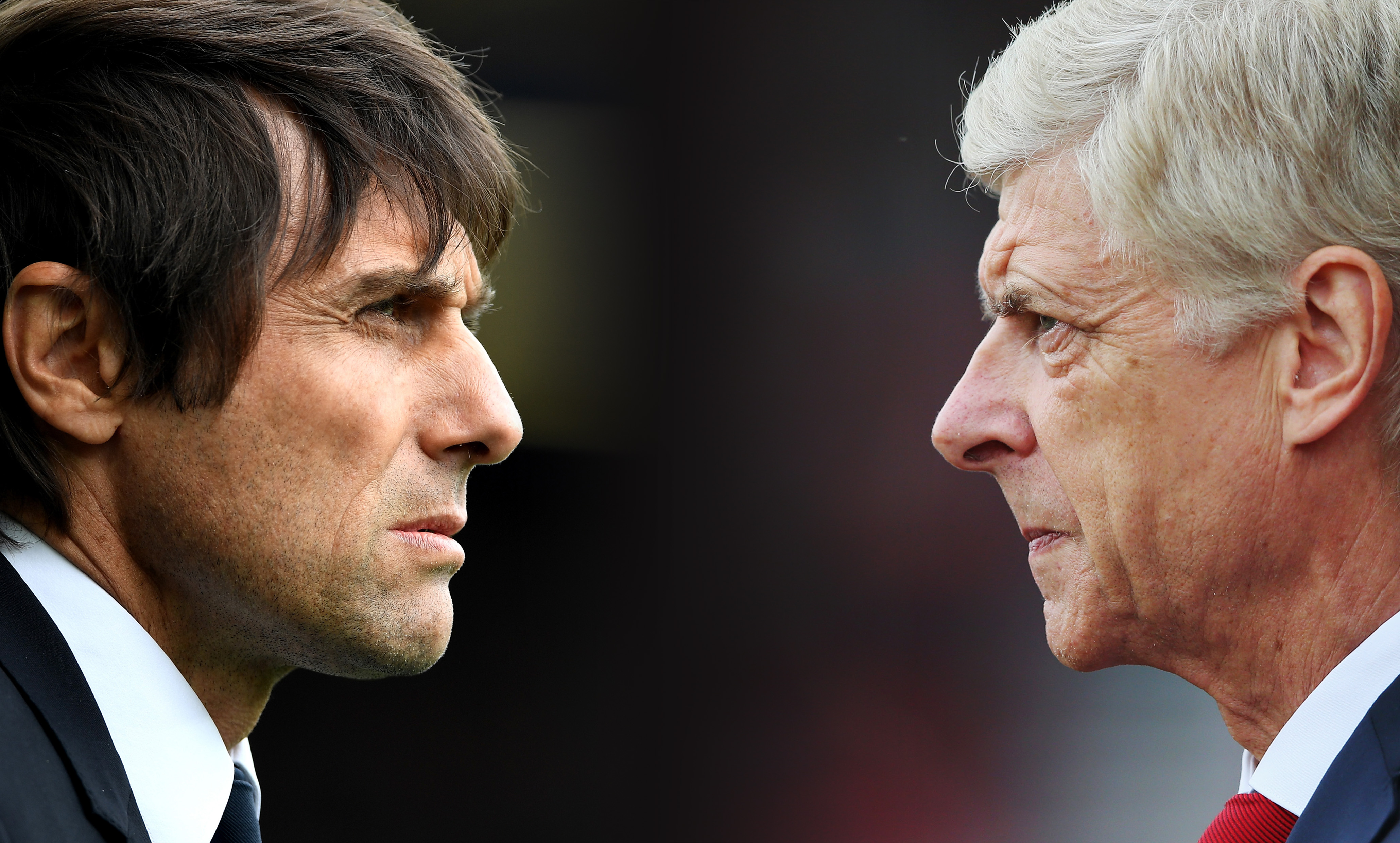 FILE PHOTO (EDITORS NOTE: GRADIENT ADDED - COMPOSITE OF TWO IMAGES - Image numbers (L) 675114354 and 835537244) In this composite image a comparison has been made between Antonio Conte, Manager of Chelsea and Arsene Wenger, Manager of Arsenal. Chelsea and Arsenal meet in a Premier League match at Stamford Bridge on September 17, 217 in London. ***LEFT IMAGE*** LIVERPOOL, ENGLAND - APRIL 30: Antonio Conte, Manager of Chelsea looks on prior to the Premier League match between Everton and Chelsea at Goodison Park on April 30, 2017 in Liverpool, England. (Photo by Laurence Griffiths/Getty Images) ***RIGHT IMAGE*** STOKE ON TRENT, ENGLAND - AUGUST 19: Arsene Wenger, Manager of Arsenal looks on prior to the Premier League match between Stoke City and Arsenal at Bet365 Stadium on August 19, 2017 in Stoke on Trent, England. (Photo by Alex Livesey/Getty Images)