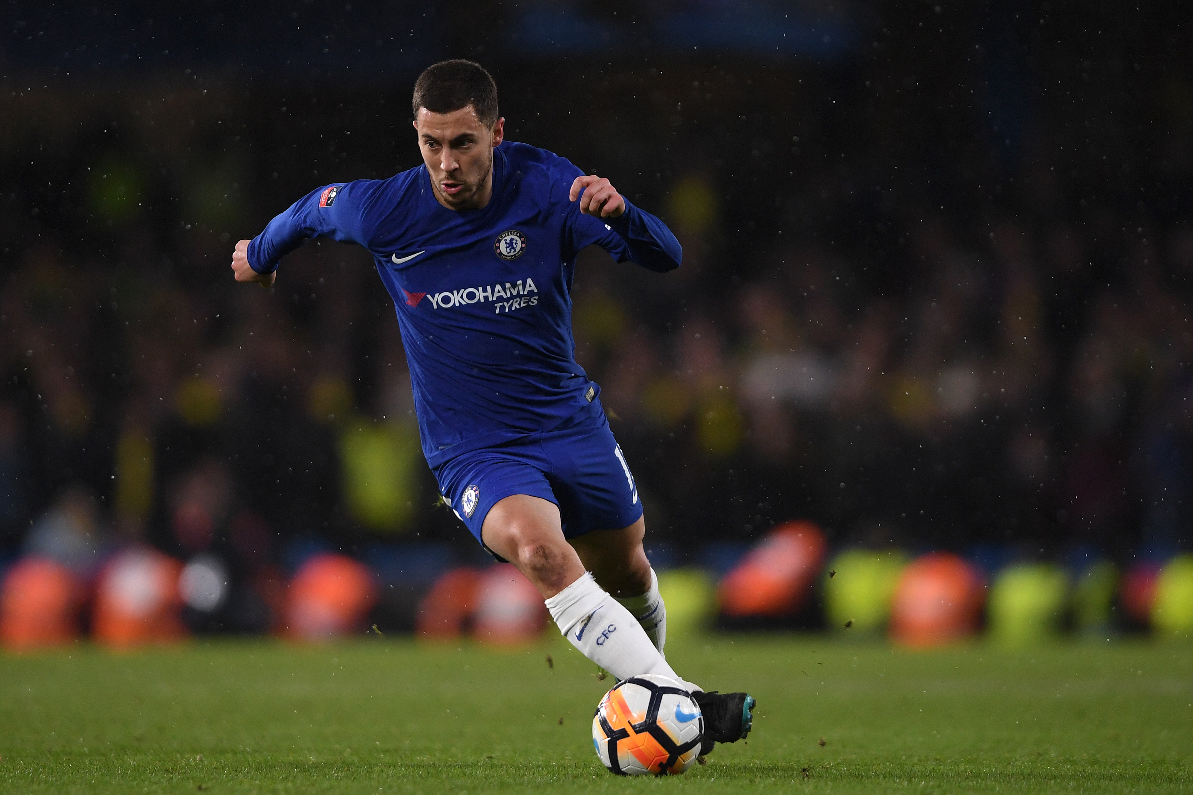 LONDON, ENGLAND - JANUARY 17:  Eden Hazard of Chelsea in action during The Emirates FA Cup Third Round Replay between Chelsea and Norwich City at Stamford Bridge on January 17, 2018 in London, England.  (Photo by Mike Hewitt/Getty Images)