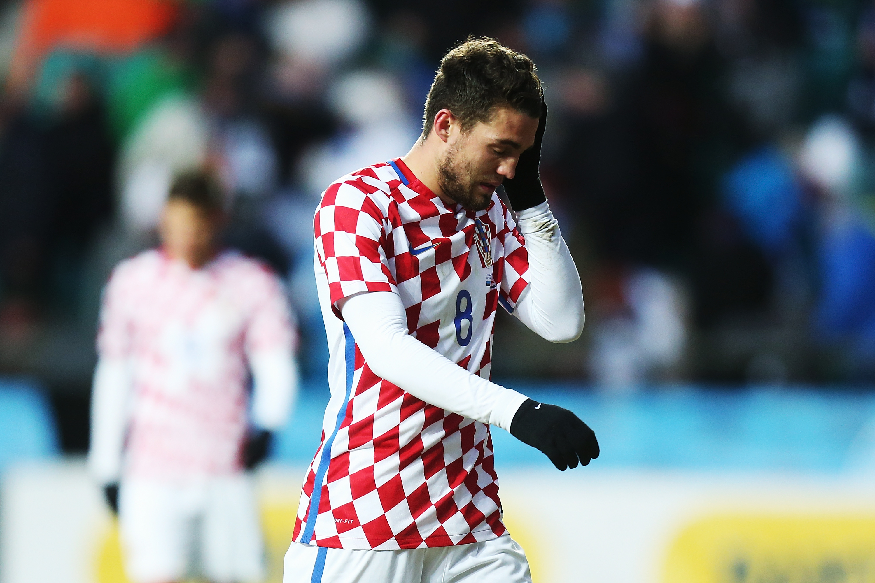 TALLINN, ESTONIA - MARCH 28:  Mateo Kovacic of Croatia looks dejected after the first half of international friendly between Estonia and Croatia at A. le Coq Arena on March 28, 2017 in Tallinn, Estonia.  (Photo by Joosep Martinson/Getty Images)