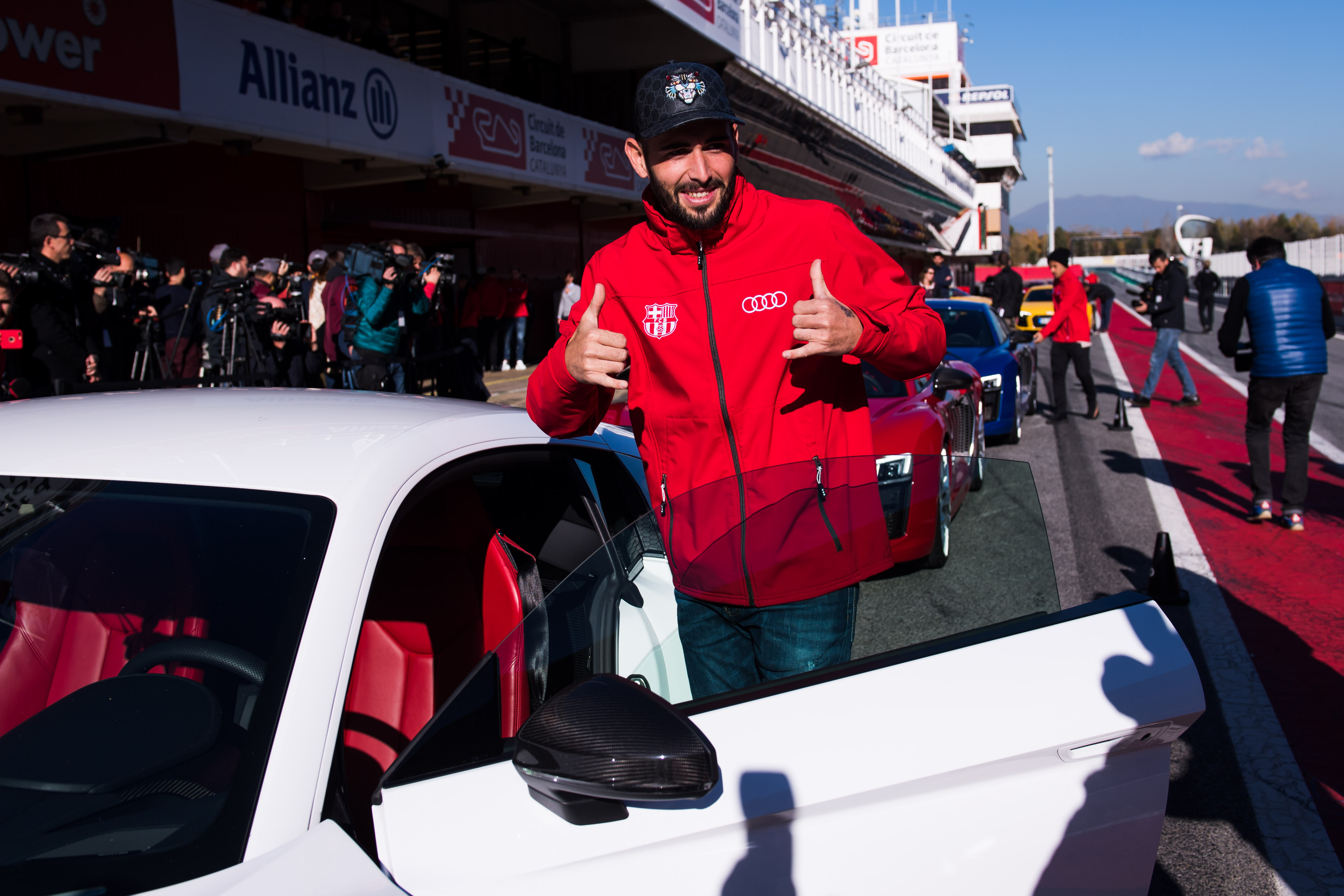 MONTMELO, SPAIN - NOVEMBER 30: Aleix Vidal of FC Barcelona prepares to enjoy the Audi Driving Experience during the Audi Car handover to the players of FC Barcelona on November 30, 2017 at Circuit de Barcelona-Catalunya in Montmelo, near Barcelona, Spain. (Photo by Alex Caparros/Getty Images for AUDI)
