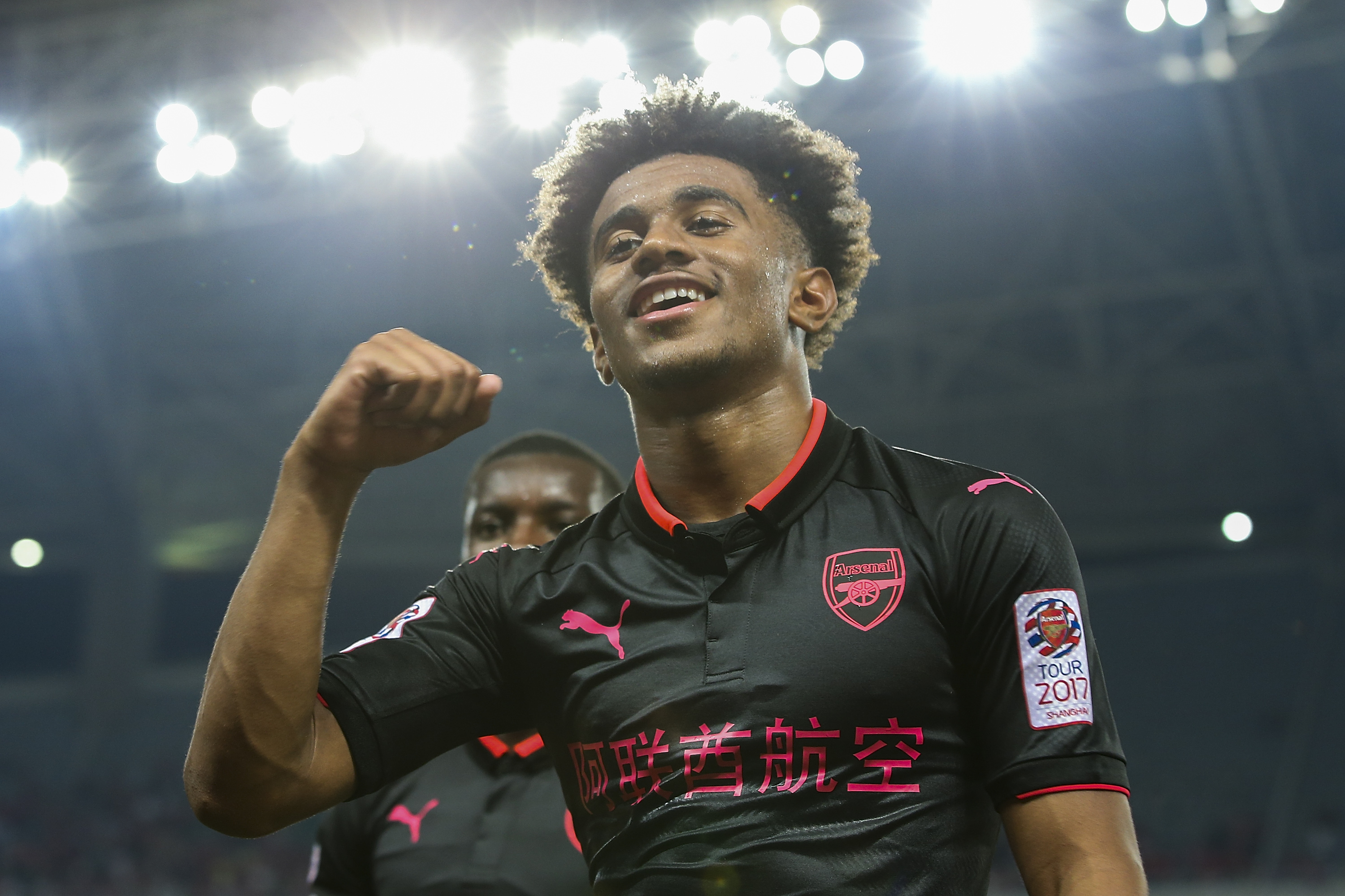 SHANGHAI, CHINA - JULY 19:  Reiss Nelson of Arsenal FC celebrates after win the 2017 International Champions Cup football match between FC Bayern and Arsenal FC at Shanghai Stadium on July 19, 2017 in Shanghai, China.  (Photo by Lintao Zhang/Getty Images)