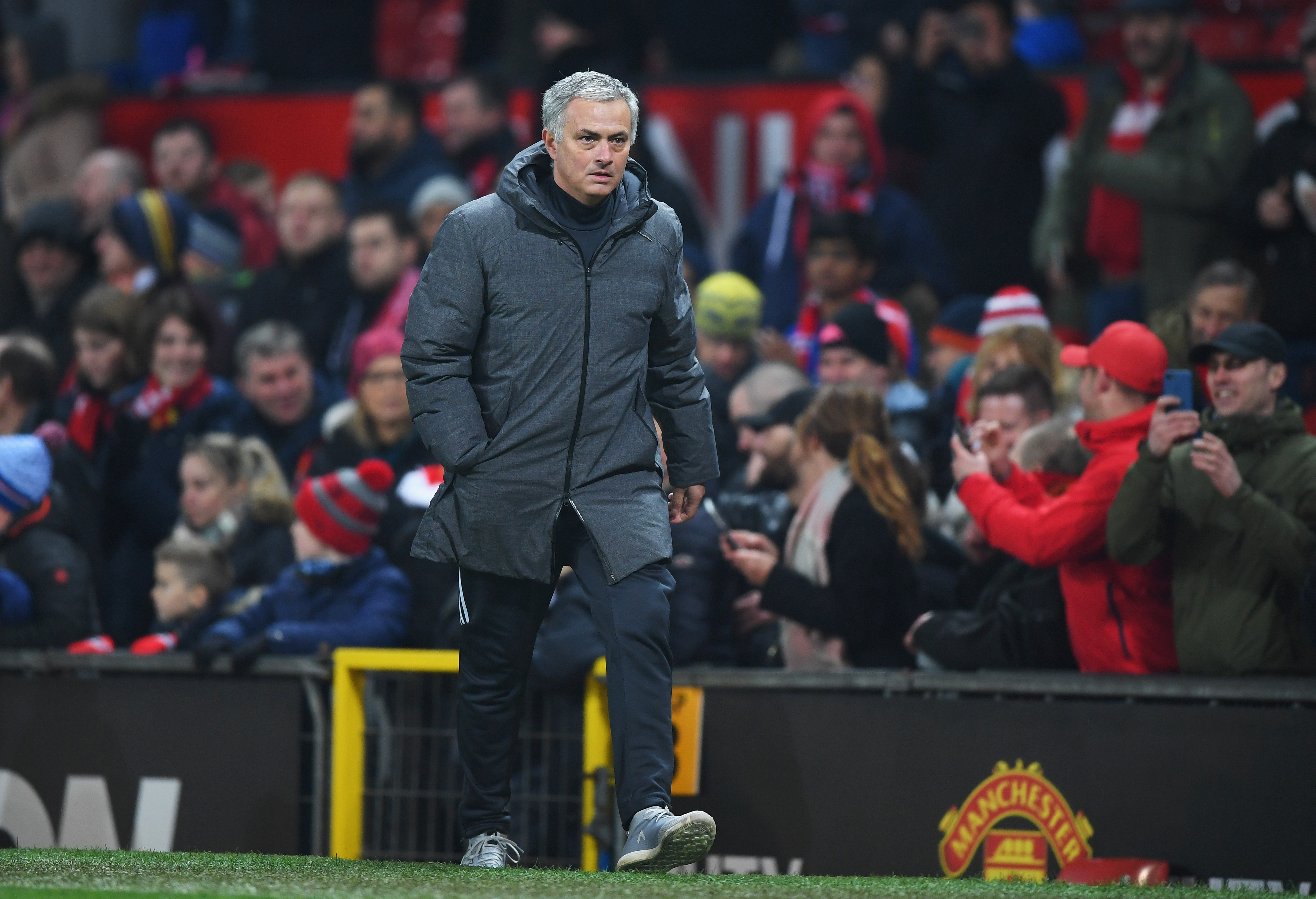 MANCHESTER, ENGLAND - JANUARY 05:  Jose Mourinho, Manager of Manchester United looks on after the Emirates FA Cup Third Round match between Manchester United and Derby County at Old Trafford on January 5, 2018 in Manchester, England.  (Photo by Shaun Botterill/Getty Images)