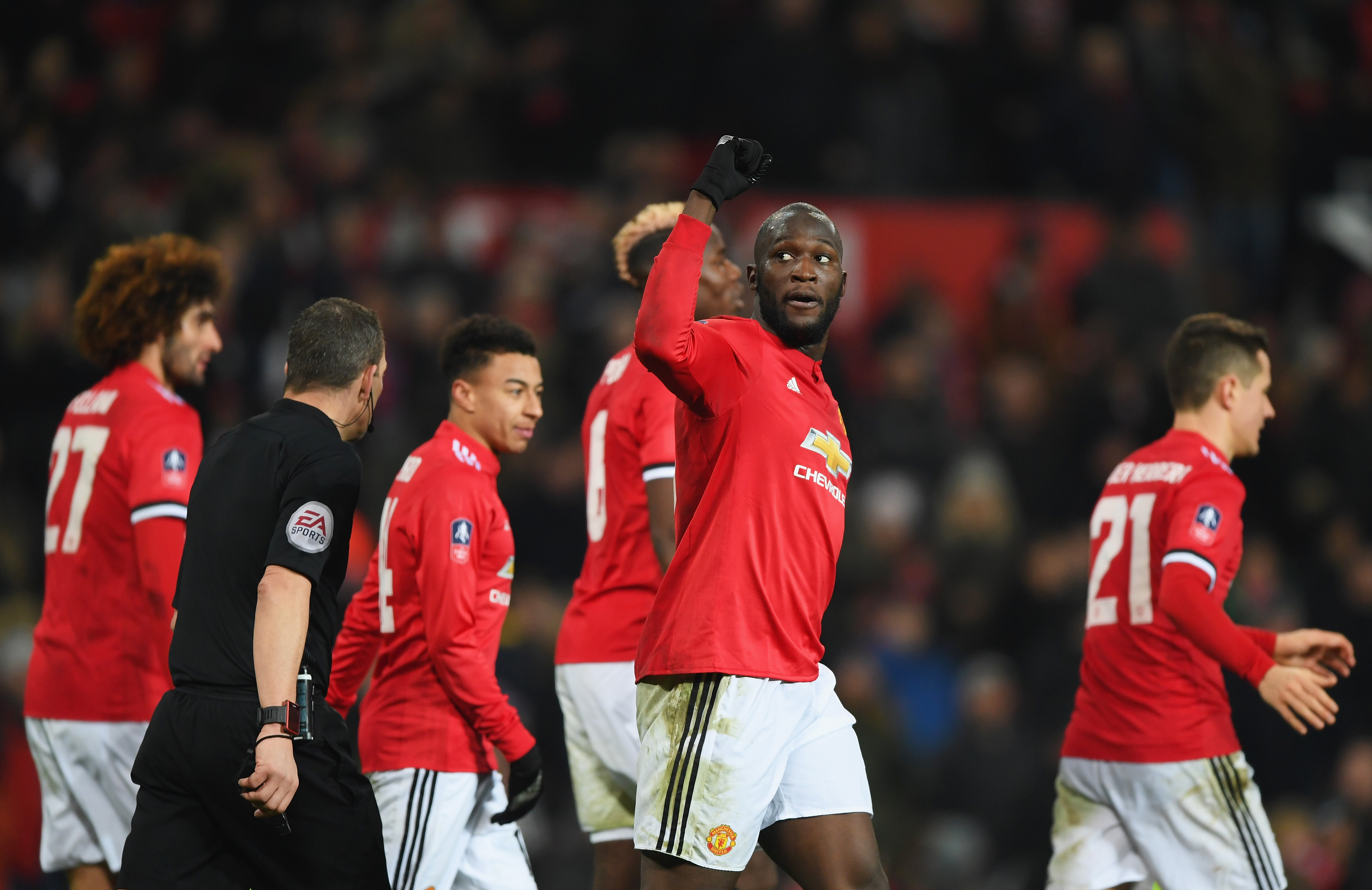 MANCHESTER, ENGLAND - JANUARY 05:  Romelu Lukaku of Manchester United (2R) celebrates as he scores their second goal during the Emirates FA Cup Third Round match between Manchester United and Derby County at Old Trafford on January 5, 2018 in Manchester, England.  (Photo by Shaun Botterill/Getty Images)