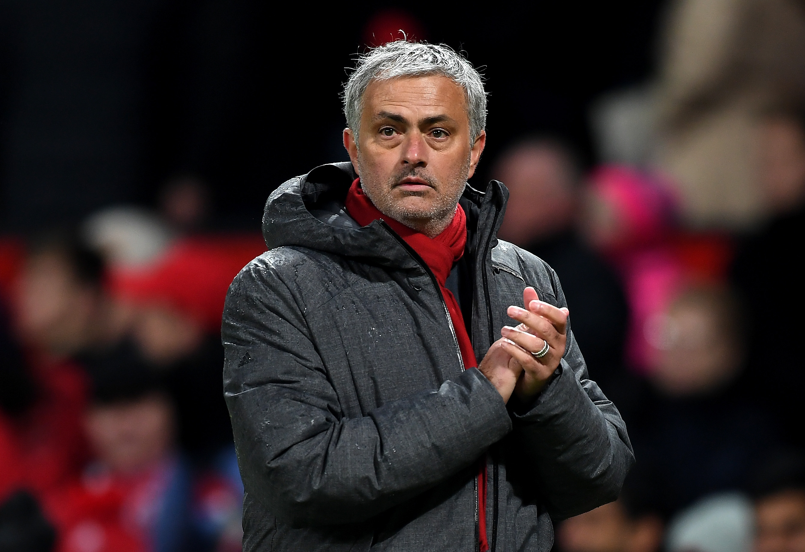 MANCHESTER, ENGLAND - JANUARY 15:  Jose Mourinho, Manager of Manchester United reacts after the full time whistle in the Premier League match between Manchester United and Stoke City at Old Trafford on January 15, 2018 in Manchester, England.  (Photo by Michael Regan/Getty Images)