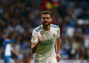 MADRID, SPAIN - JANUARY 21: Nacho Fernandez of Real Madrid CF celebrates scoring their seventh goal during the La Liga match between Real Madrid CF and Deportivo La Coruna at Estadio Santiago Bernabeu on January 21, 2018 in Madrid, Spain. (Photo by Gonzalo Arroyo Moreno/Getty Images)