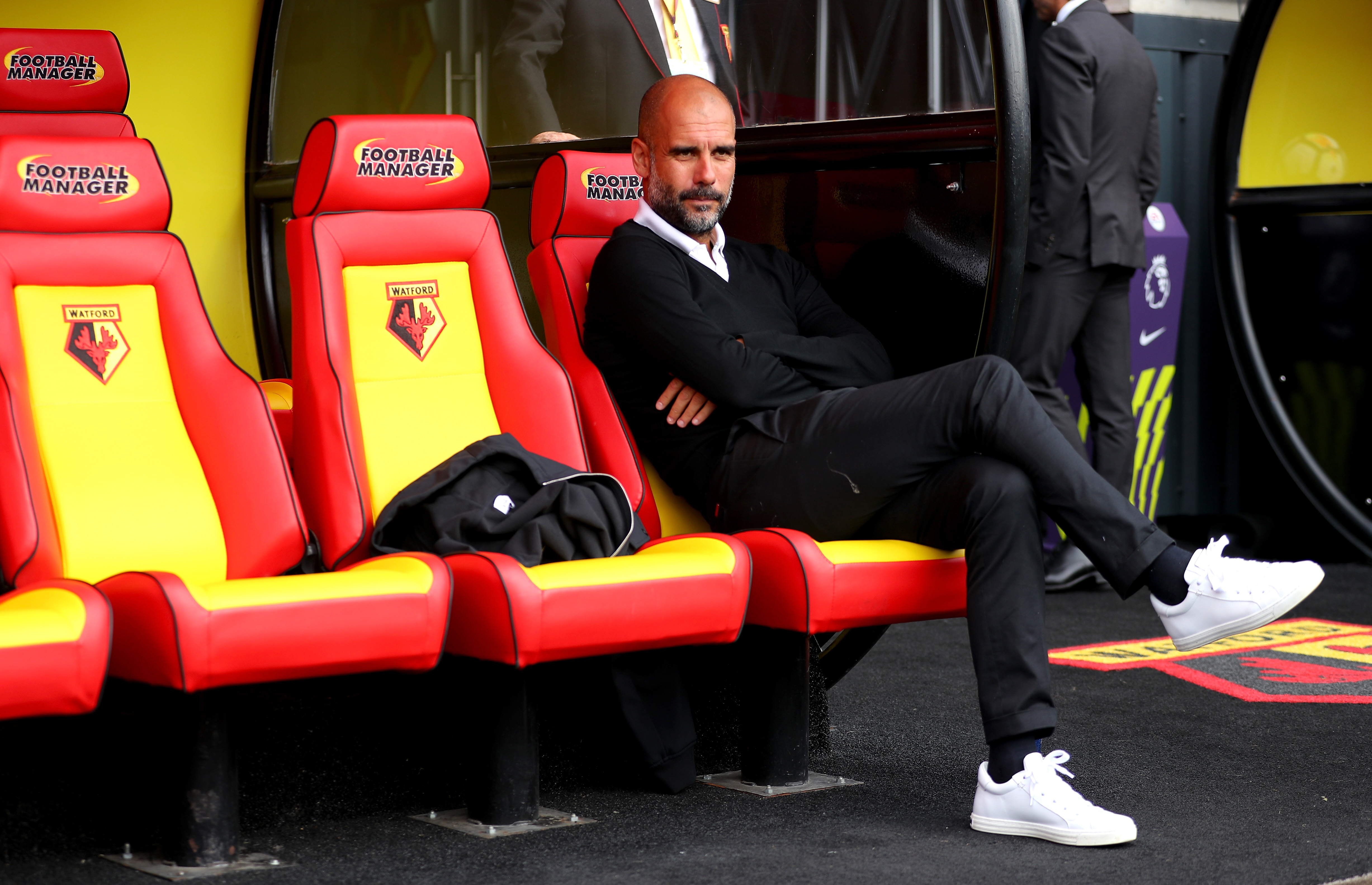 WATFORD, ENGLAND - SEPTEMBER 16: Josep Guardiola manager of Manchester City looks on prior to the Premier League match between Watford and Manchester City at Vicarage Road on September 16, 2017 in Watford, England.  (Photo by Richard Heathcote/Getty Images)