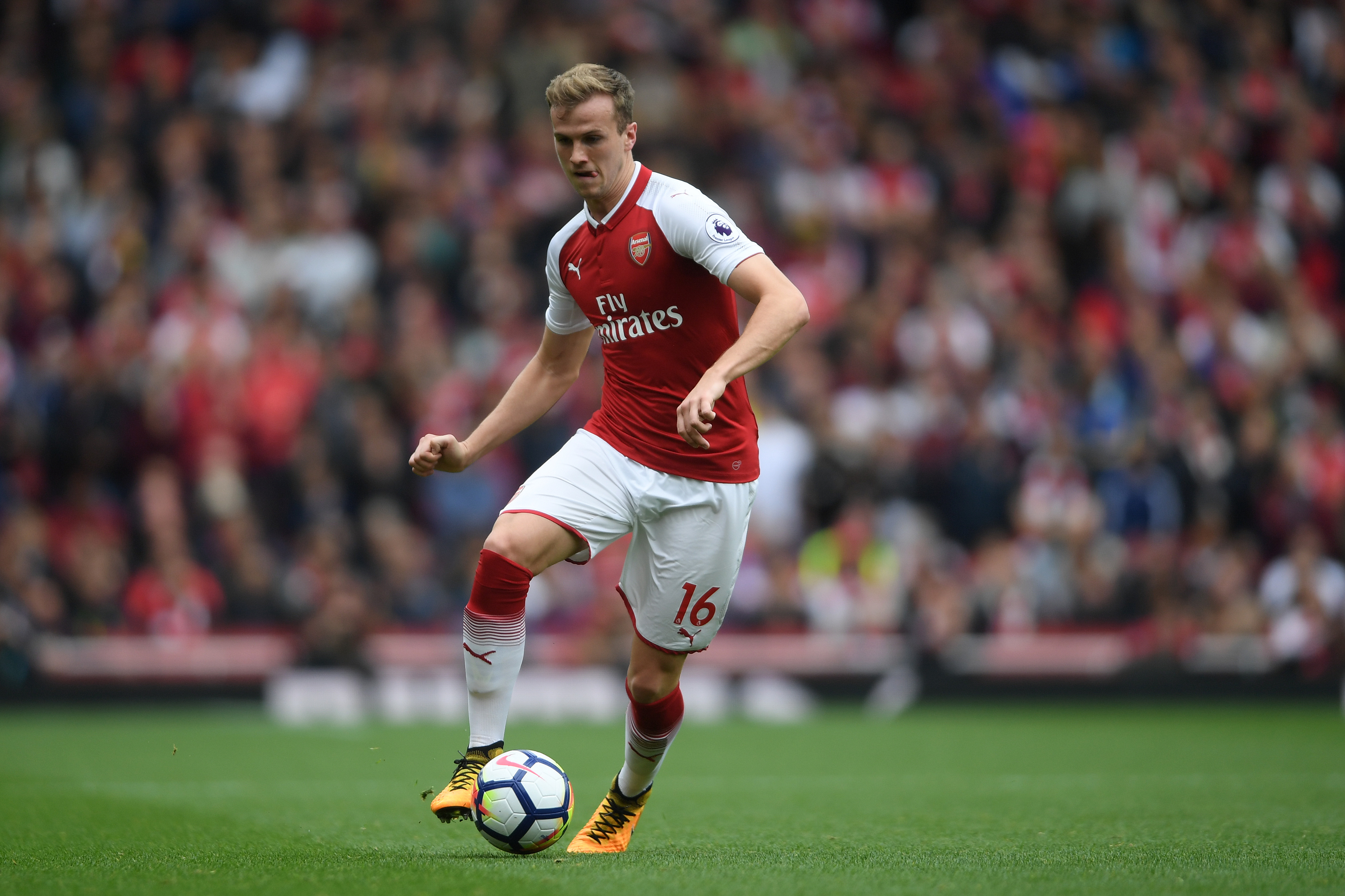 LONDON, ENGLAND - OCTOBER 01:  Rob Holding of Arsenal in action during the Premier League match between Arsenal and Brighton and Hove Albion at Emirates Stadium on October 1, 2017 in London, England.  (Photo by Mike Hewitt/Getty Images)