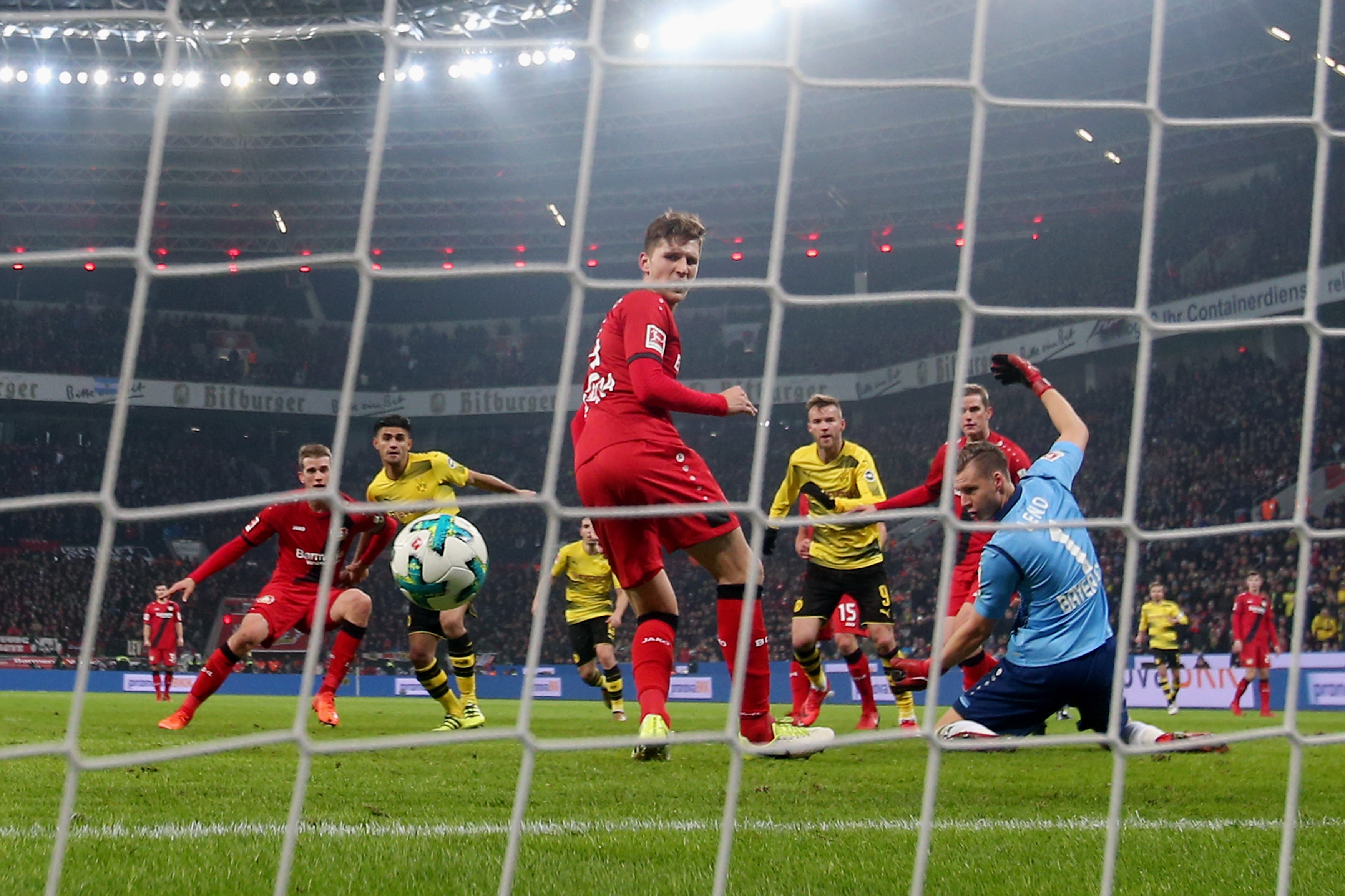 LEVERKUSEN, GERMANY - DECEMBER 02:  Andrey Yarmolenko #9 of Dortmund scores his team's first goal during the Bundesliga match between Bayer 04 Leverkusen and Borussia Dortmund at BayArena on December 2, 2017 in Leverkusen, Germany.  (Photo by Alex Grimm/Bongarts/Getty Images)