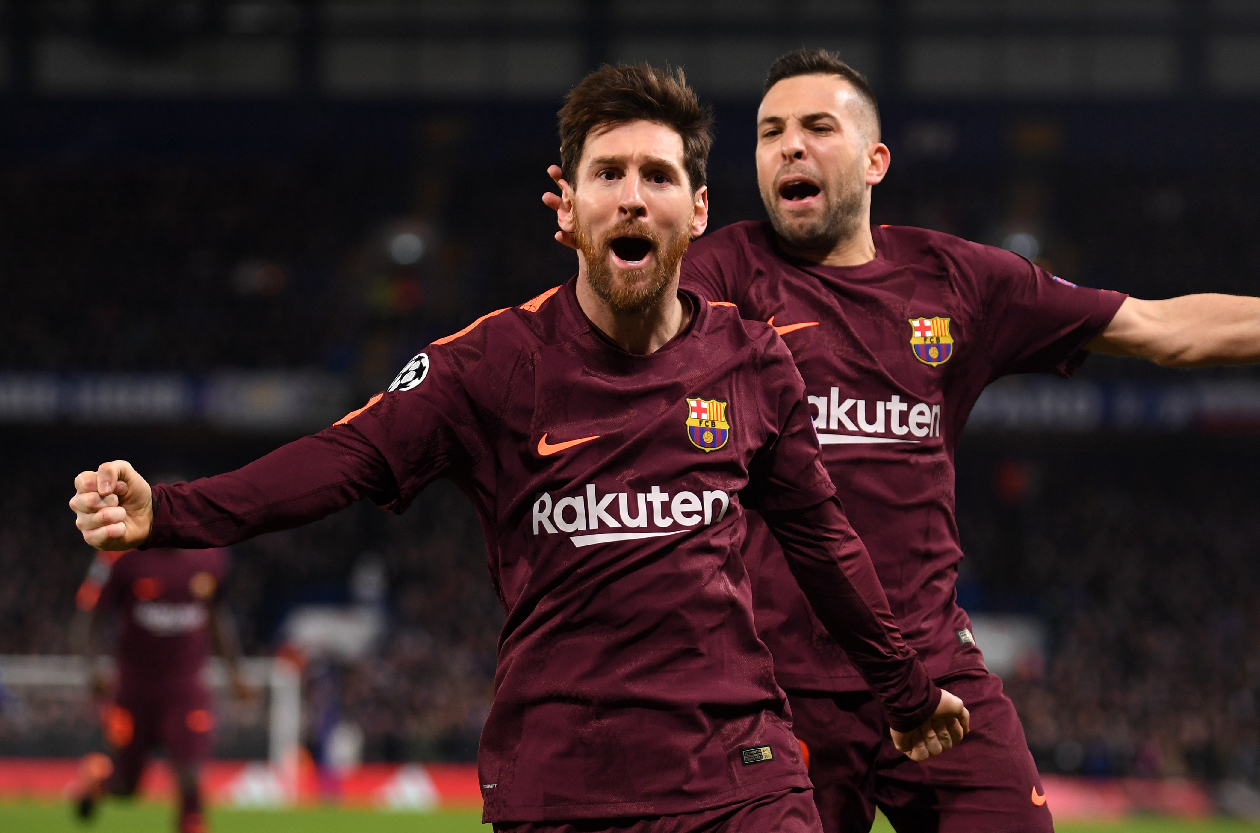 LONDON, ENGLAND - FEBRUARY 20:  Lionel Messi of Barcelona celebrates after scoring his sides first goal during the UEFA Champions League Round of 16 First Leg  match between Chelsea FC and FC Barcelona at Stamford Bridge on February 20, 2018 in London, United Kingdom.  (Photo by Mike Hewitt/Getty Images)