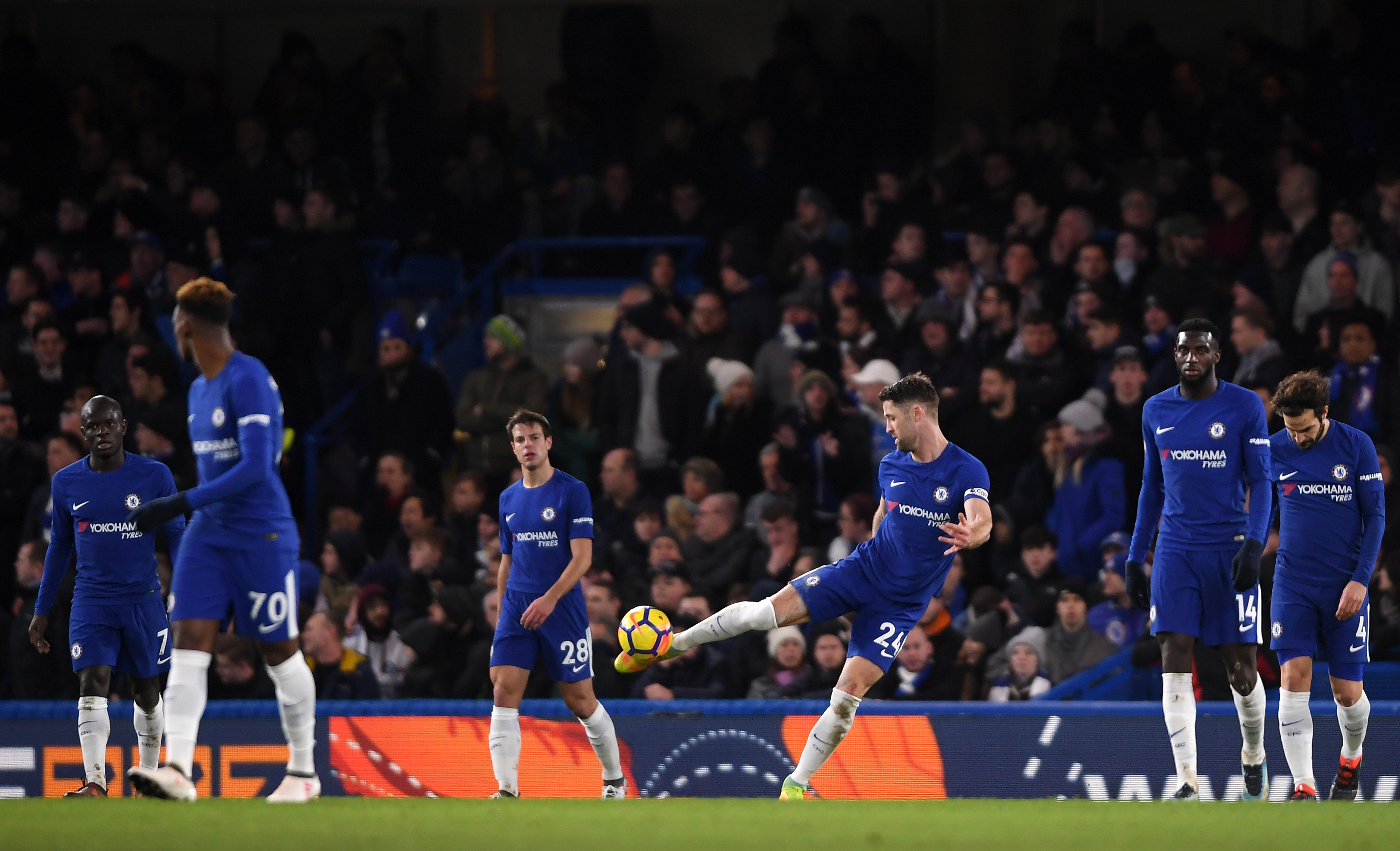 LONDON, ENGLAND - JANUARY 31: Gary Cahill of Chelsea reacts after AFC Bournemouth score there second goal during the Premier League match between Chelsea and AFC Bournemouth at Stamford Bridge on January 31, 2018 in London, England.  (Photo by Mike Hewitt/Getty Images)