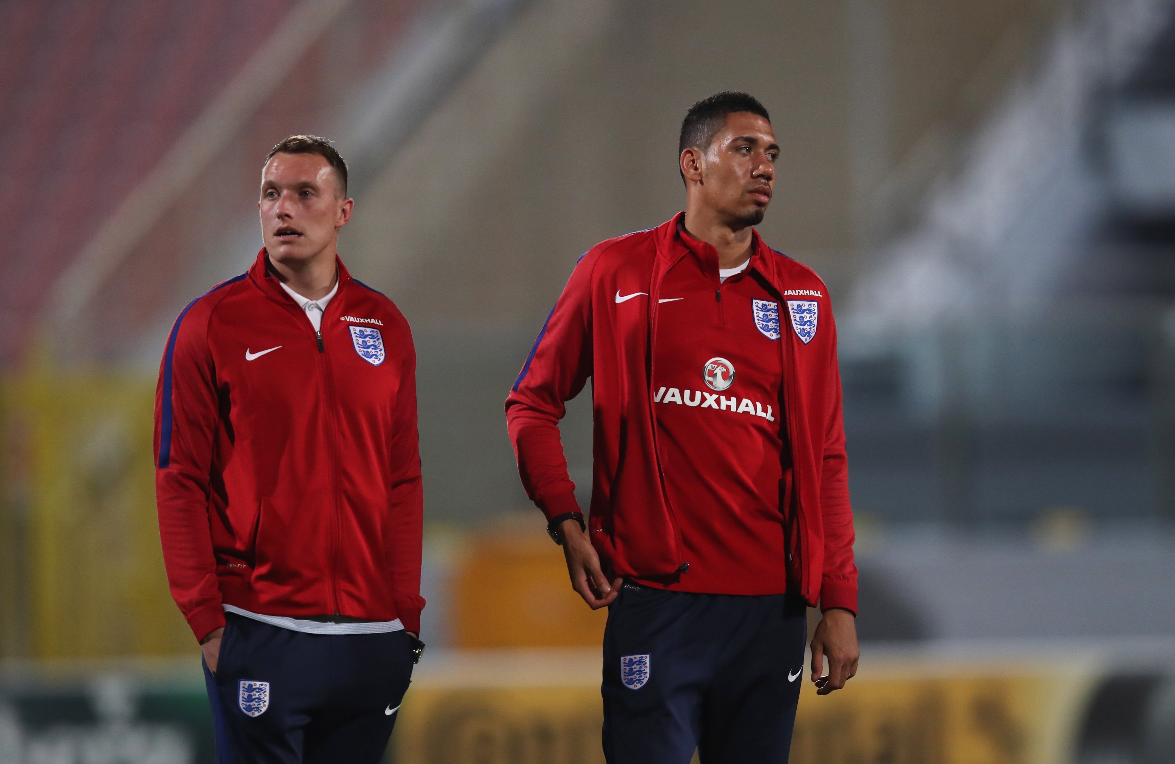 VALLETTA, MALTA - AUGUST 31:  Phil Jones and Chris Smalling of England inspect the pitch on the eve of the World Cup qualifying match against Malta at Ta'Qali National Stadium on August 31, 2017 in Valletta, Malta.  (Photo by Julian Finney/Getty Images)